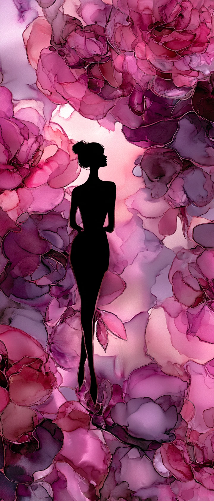 Anime woman walking through a surreal ink rose garden