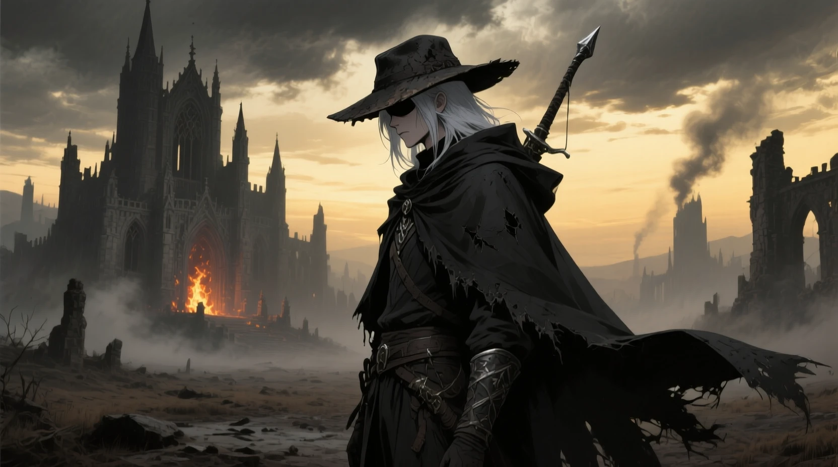 Dark fantasy hunter in profile above a ruined kingdom