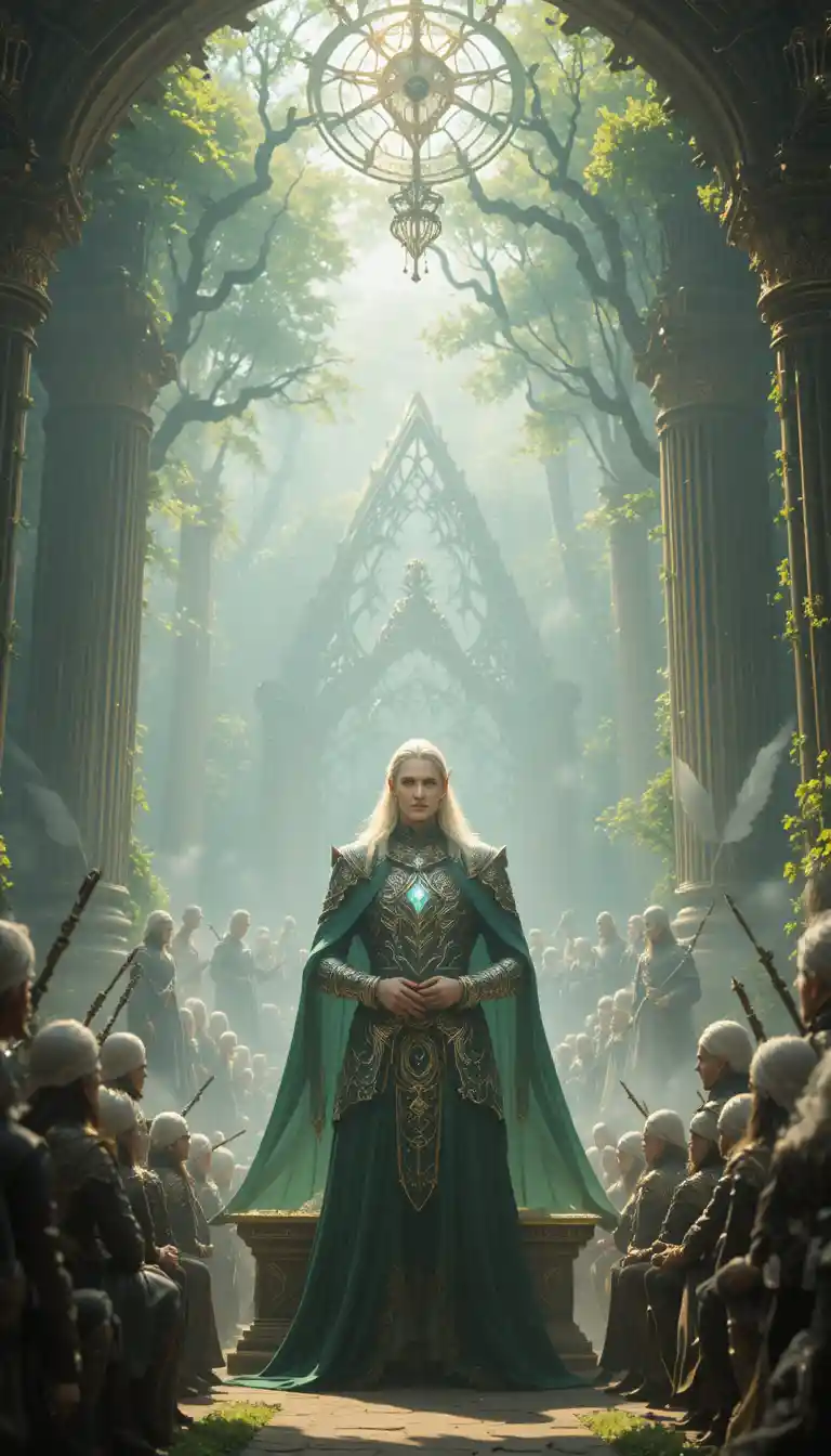 Elf king presides over a royal knighting in forest throne room