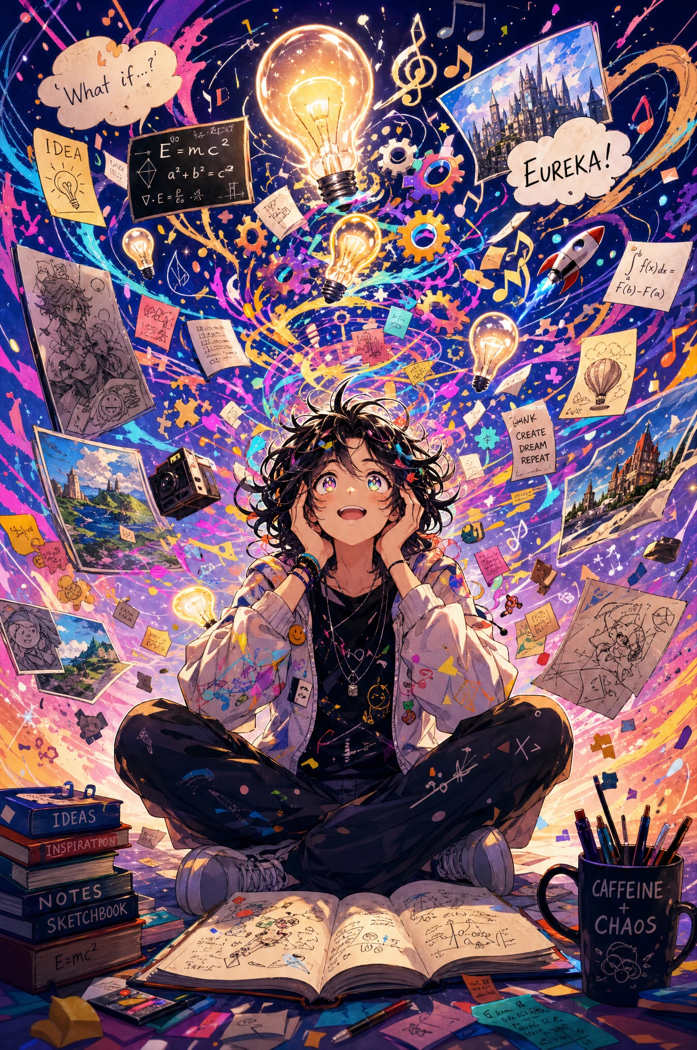 Pensatore anime in un vortice di idee creative