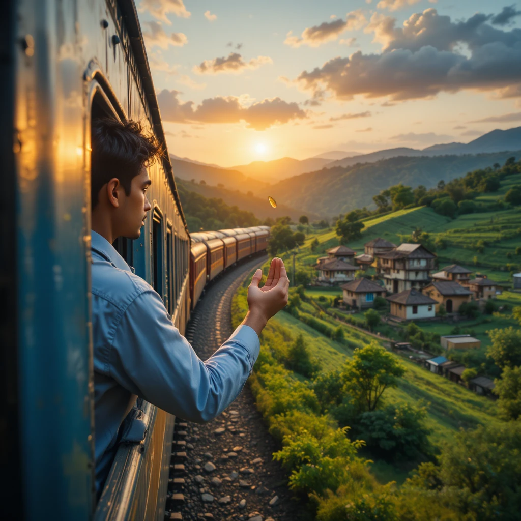Train crossing a lush Indian village at glowing sunset