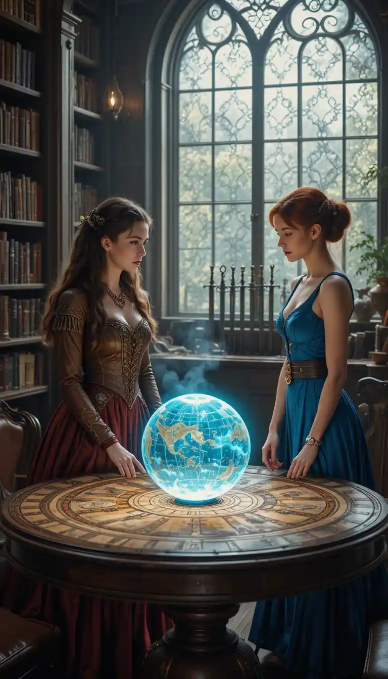 Two steampunk women studying a holographic map in library