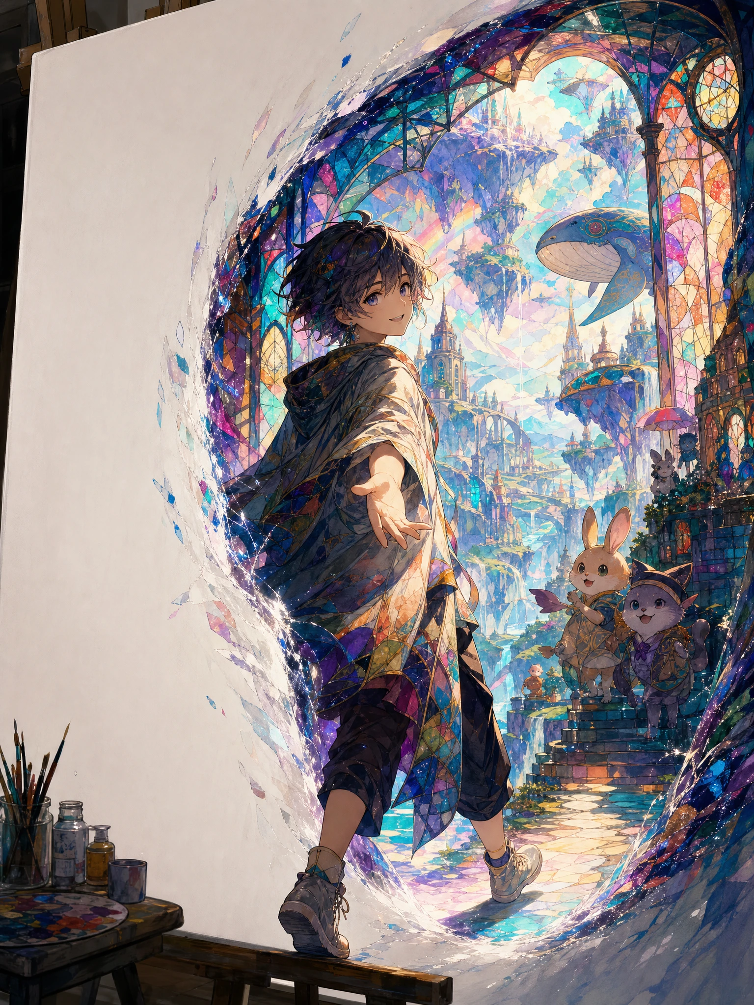 Anime figure stepping through a glowing portal on blank canvas