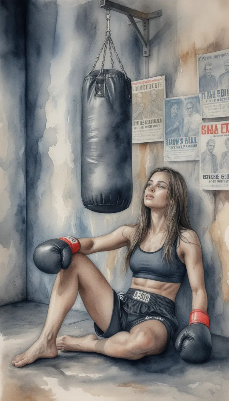 Exhausted female boxer resting under a heavy bag