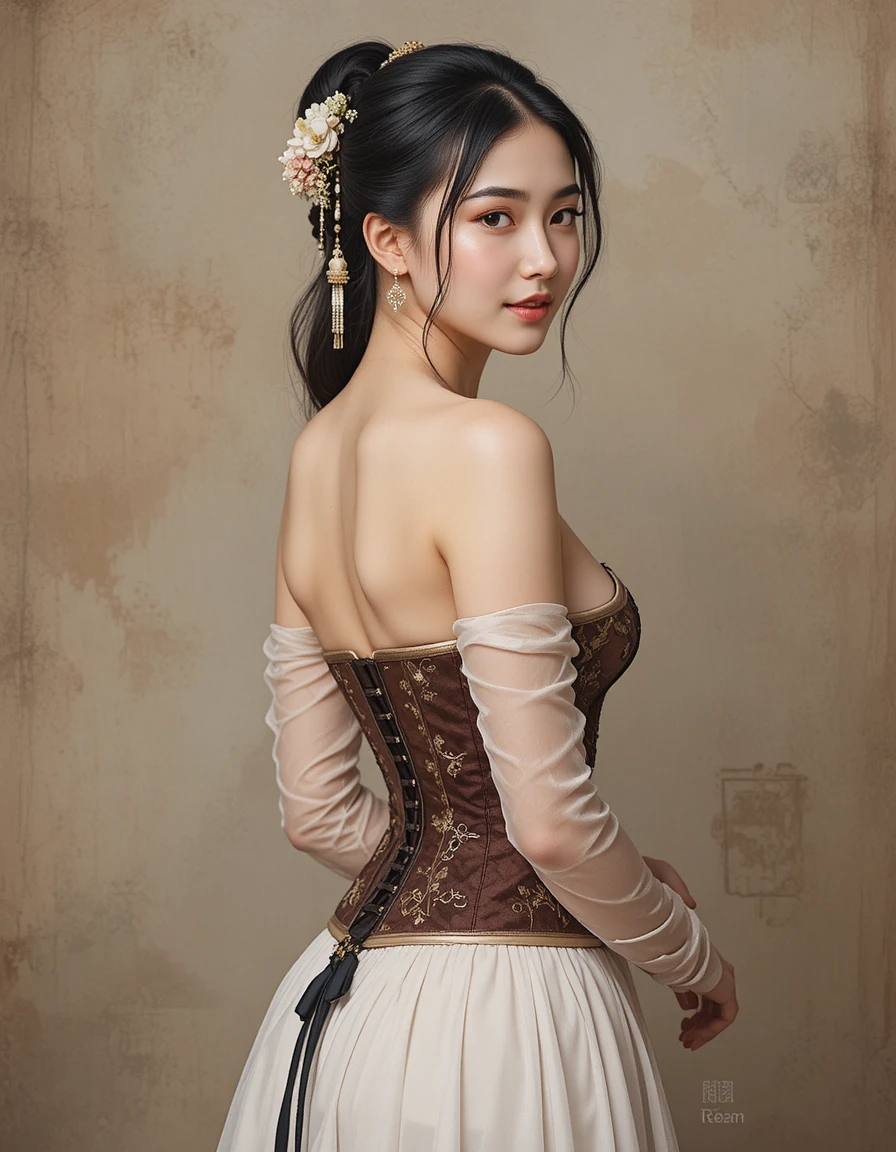 Elegant Chinese woman in traditional corset looking back