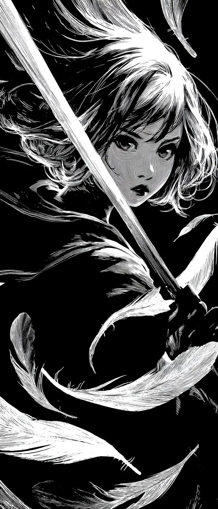 Anime warrior woman raising a glowing blade amid shadows