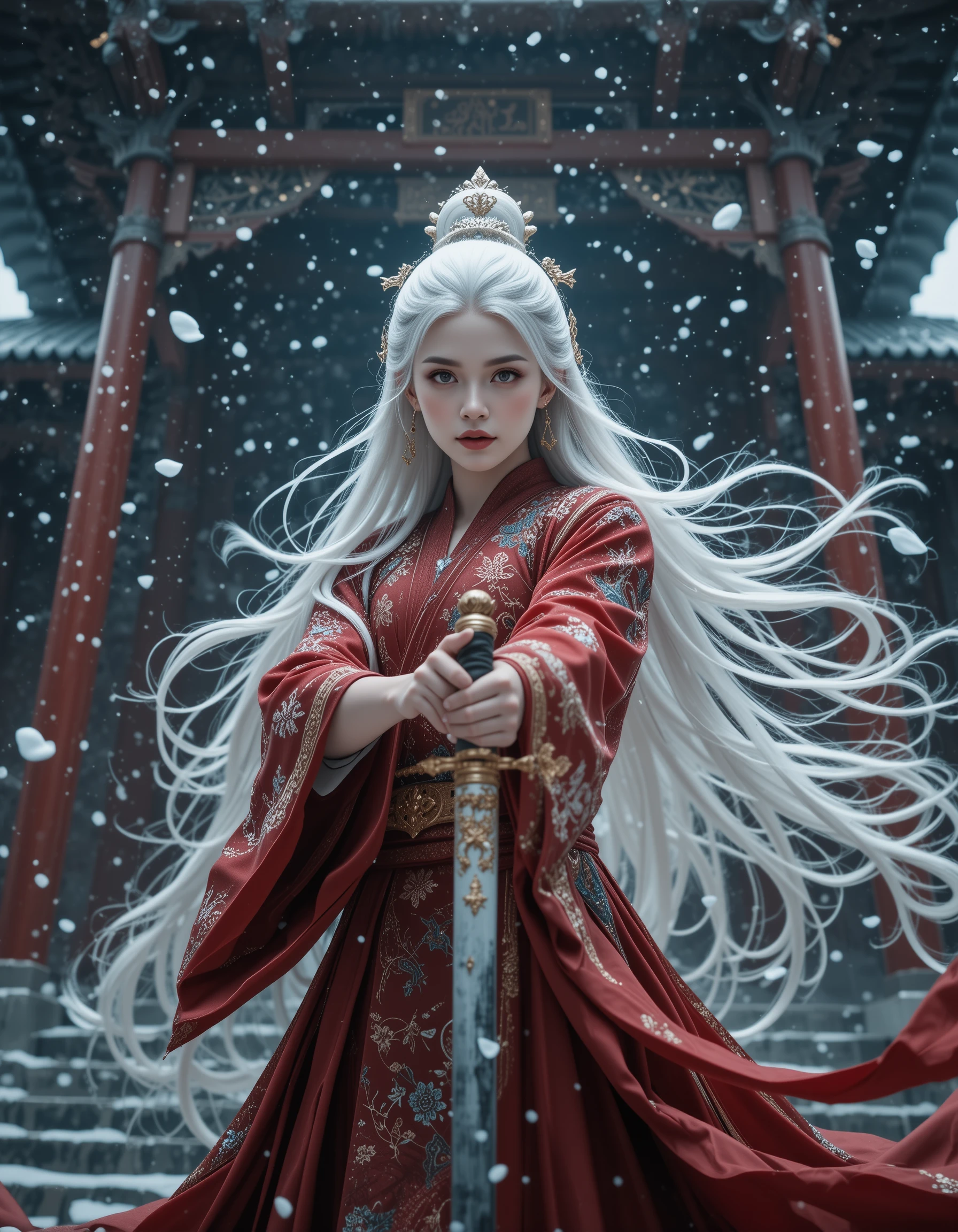 Silver haired asian woman warrior before a snowy temple