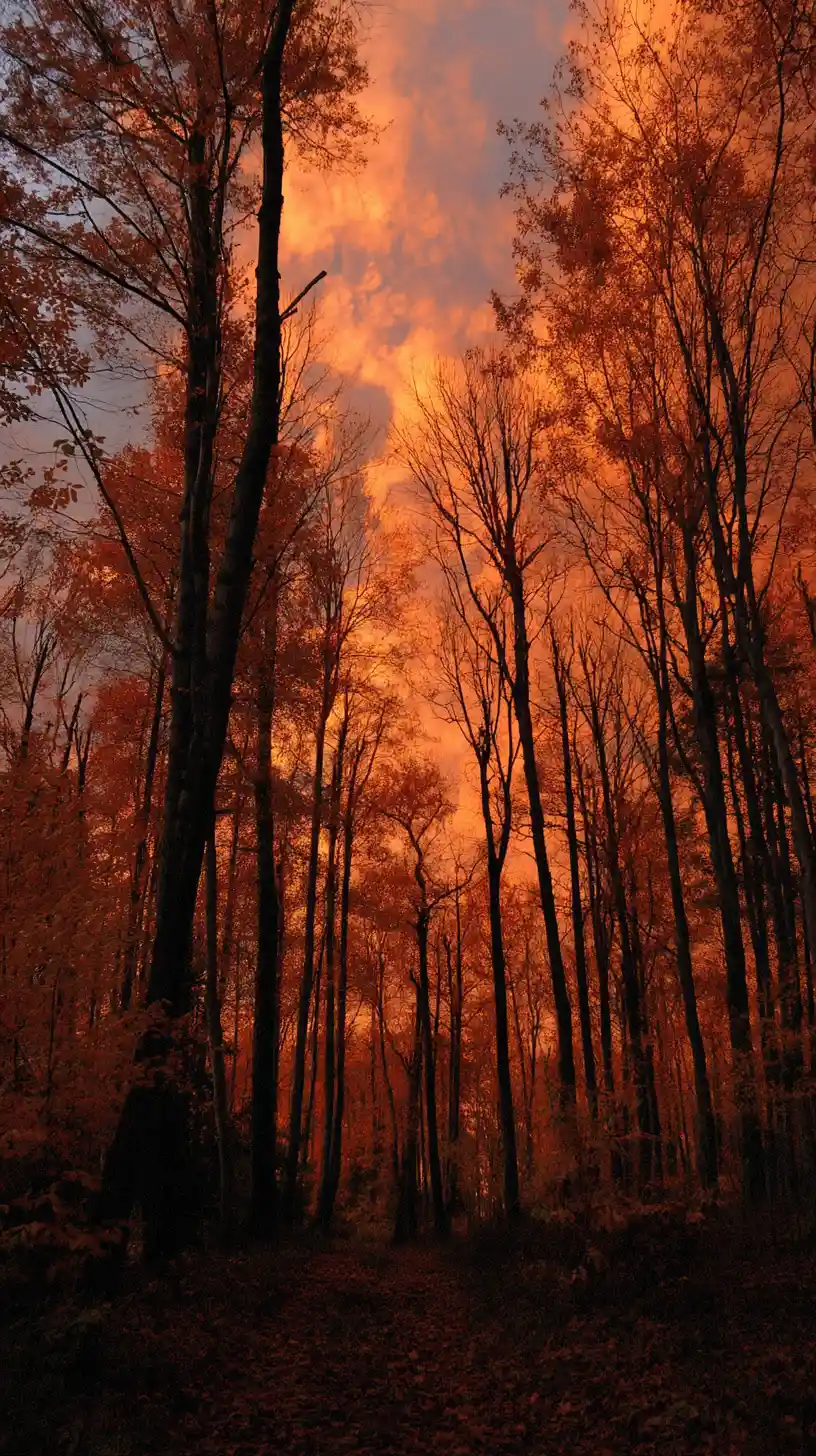 Ninja stalking silently through an autumn forest at sunset