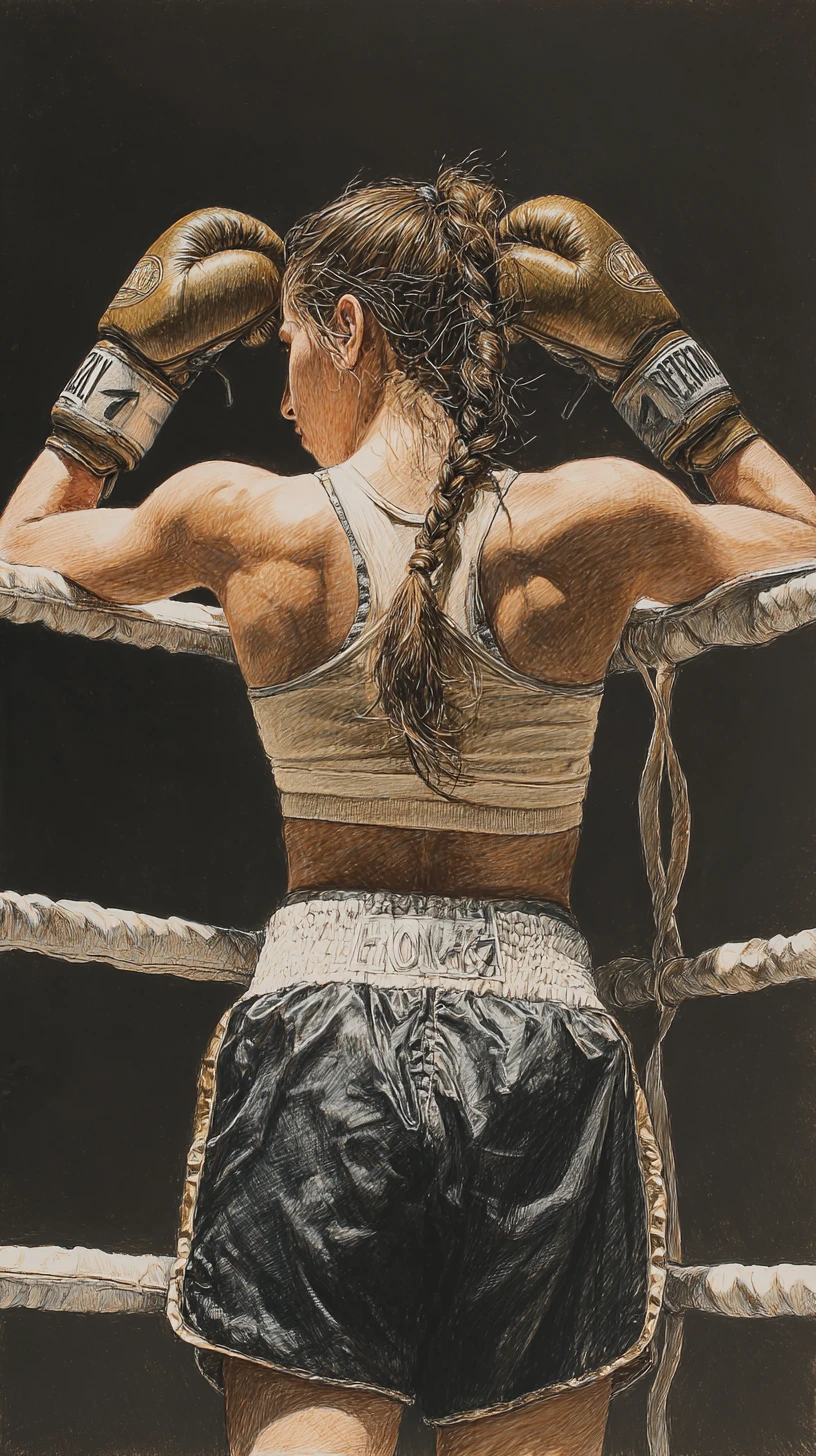 Female boxer resting on the ropes under warm spotlight