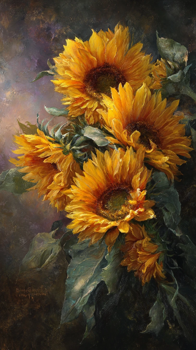 Realistic oil painting of sunflowers in moody twilight tones