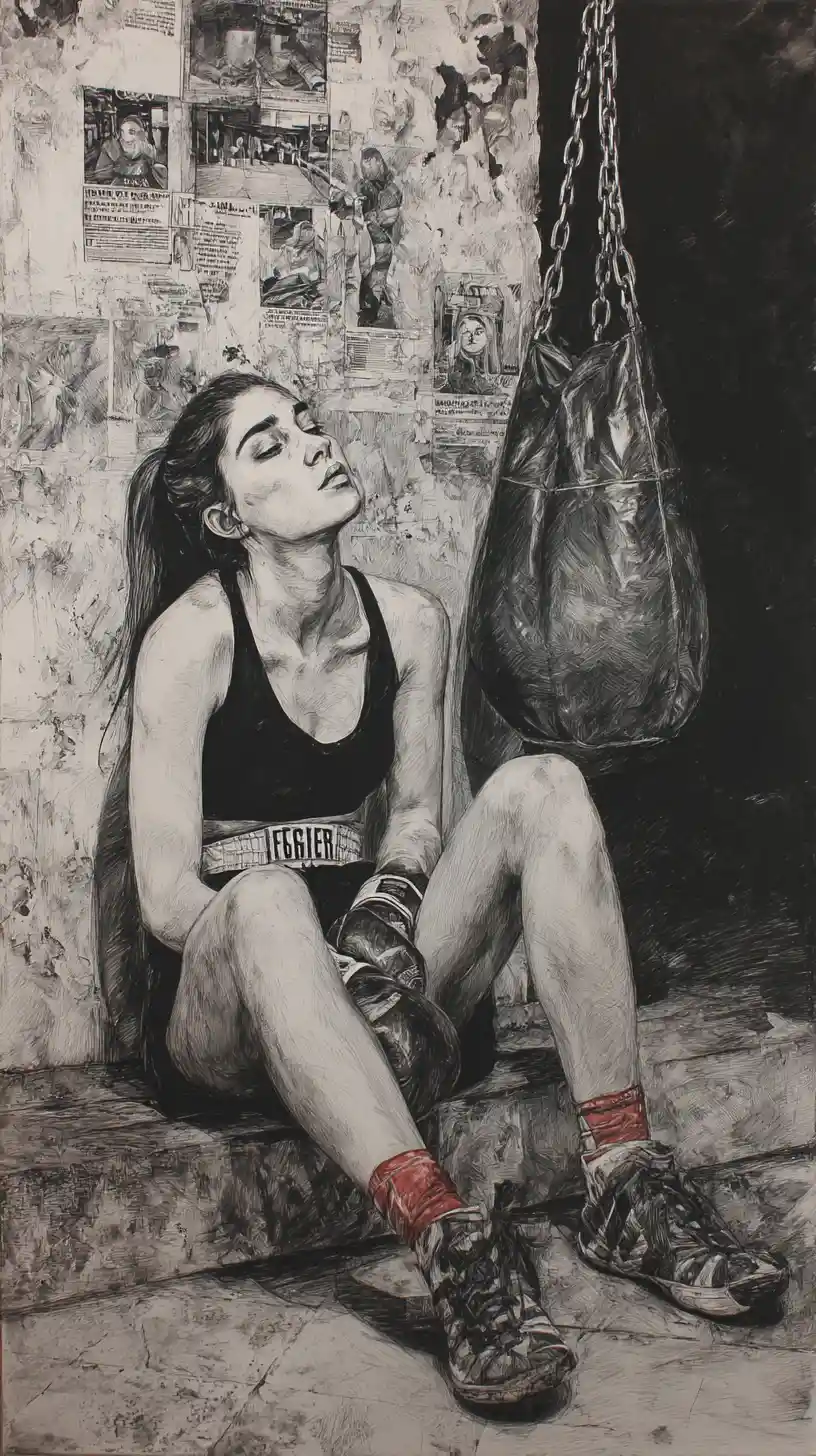 Exhausted female boxer resting on the gym floor