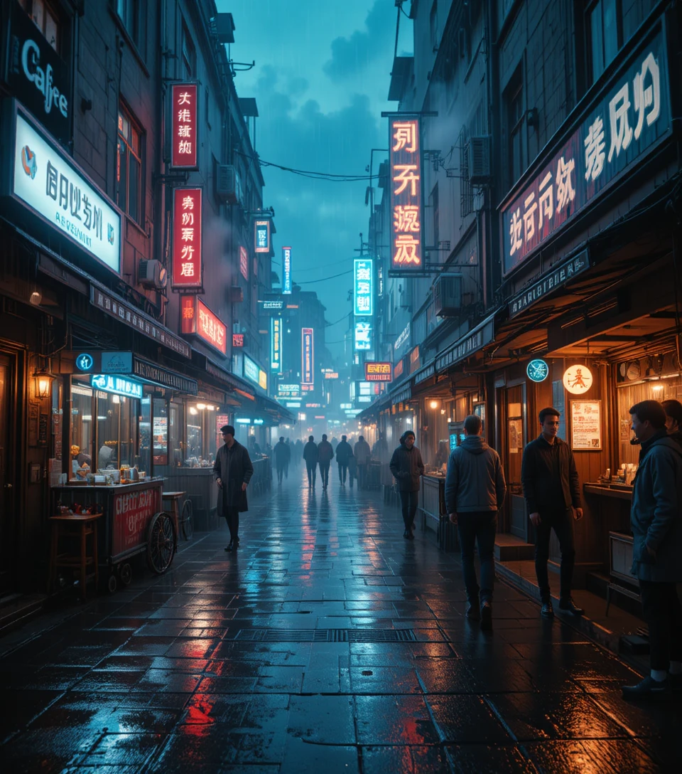 Cyberpunk alley cafe glowing with neon at midnight
