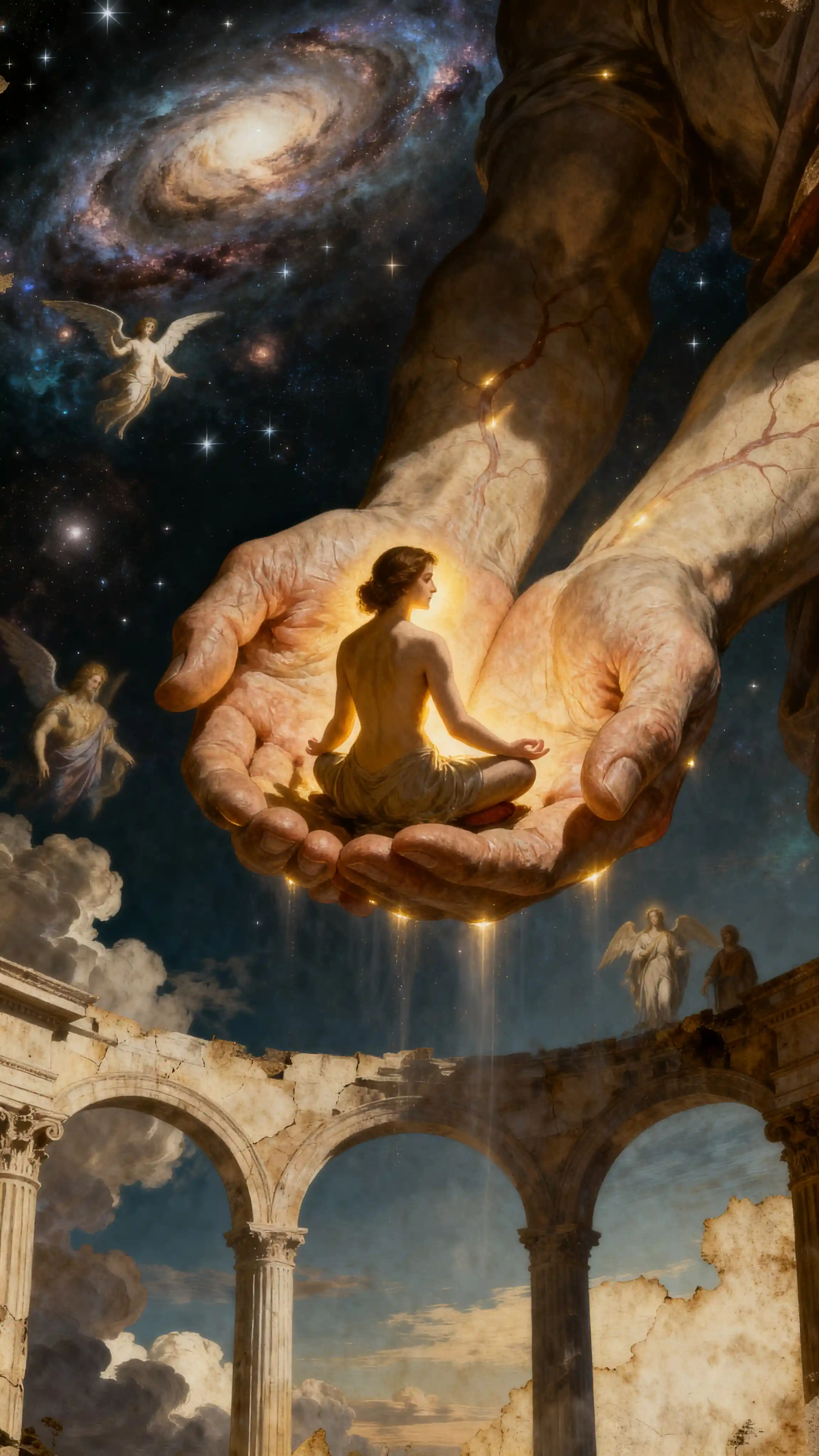 Woman cradled in divine hands against a luminous cosmos