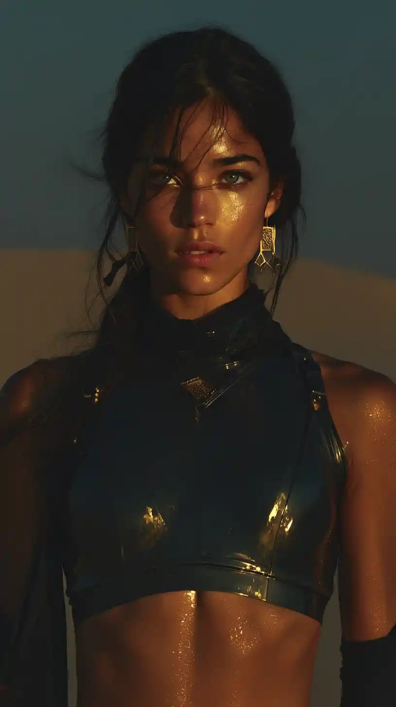Strong middle eastern female bodybuilder in desert light