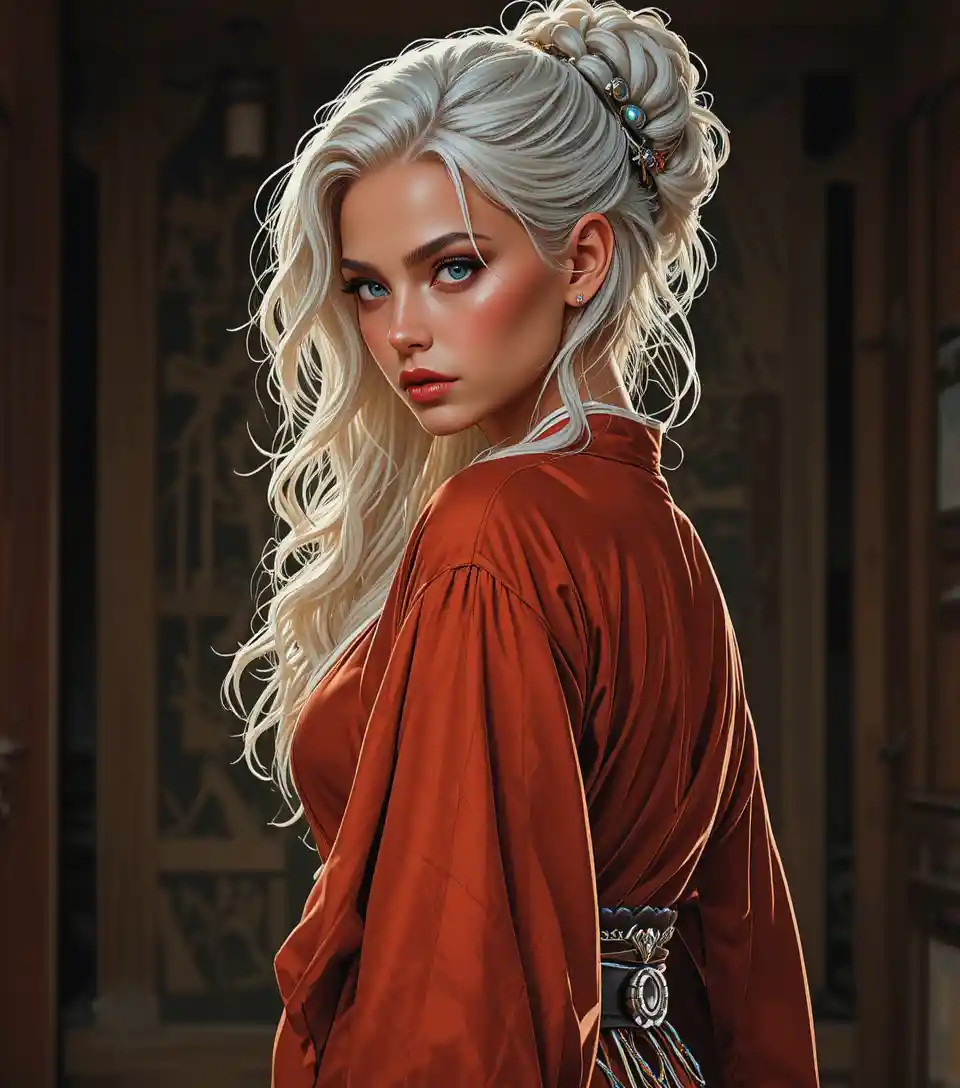 Intense blonde girl in red kimono with over shoulder gaze