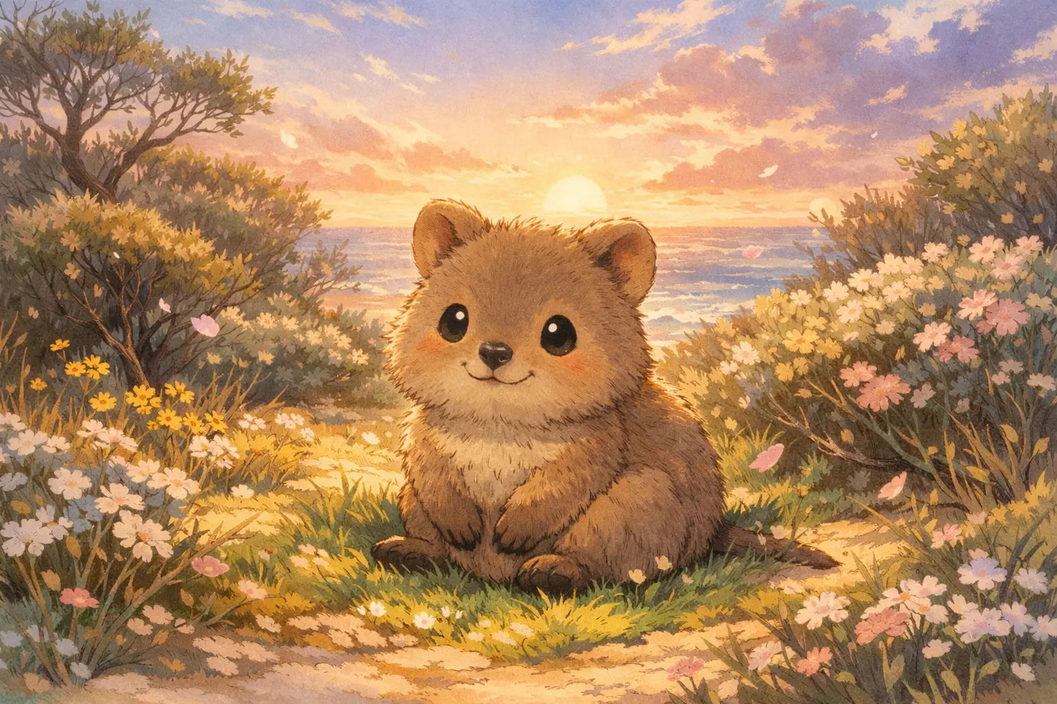 Cute baby quokka resting on grass at coastal sunrise