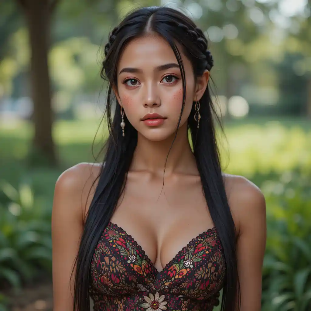 Portrait of a young Malaysian woman with braided brown hair