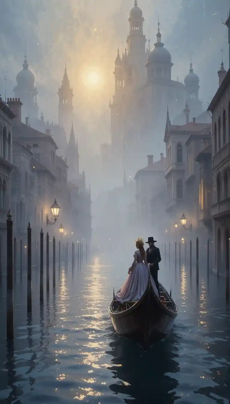 Masked couple in a gondola on a misty venetian canal