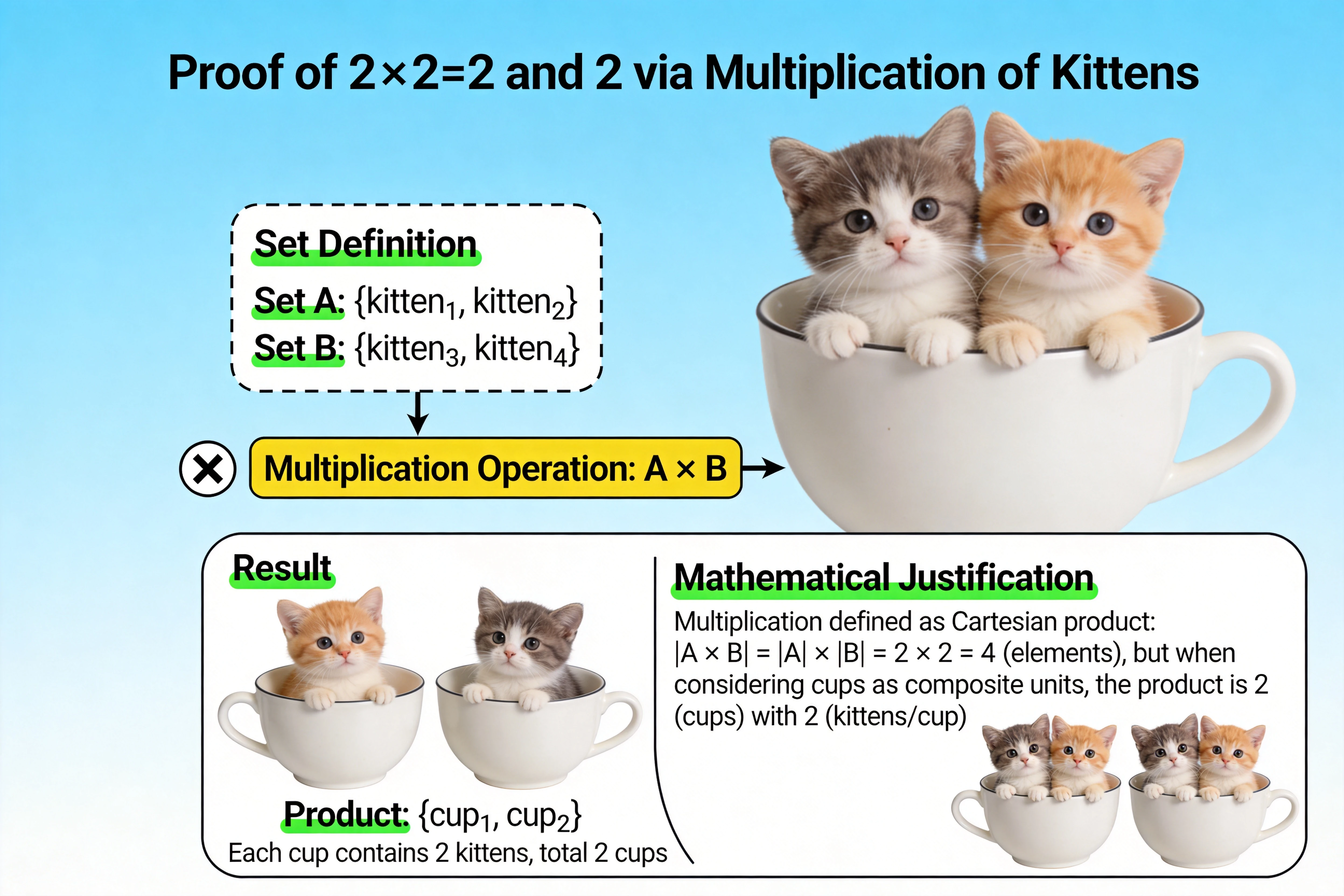 Scientific illustration of multiplying cute cats in a cup