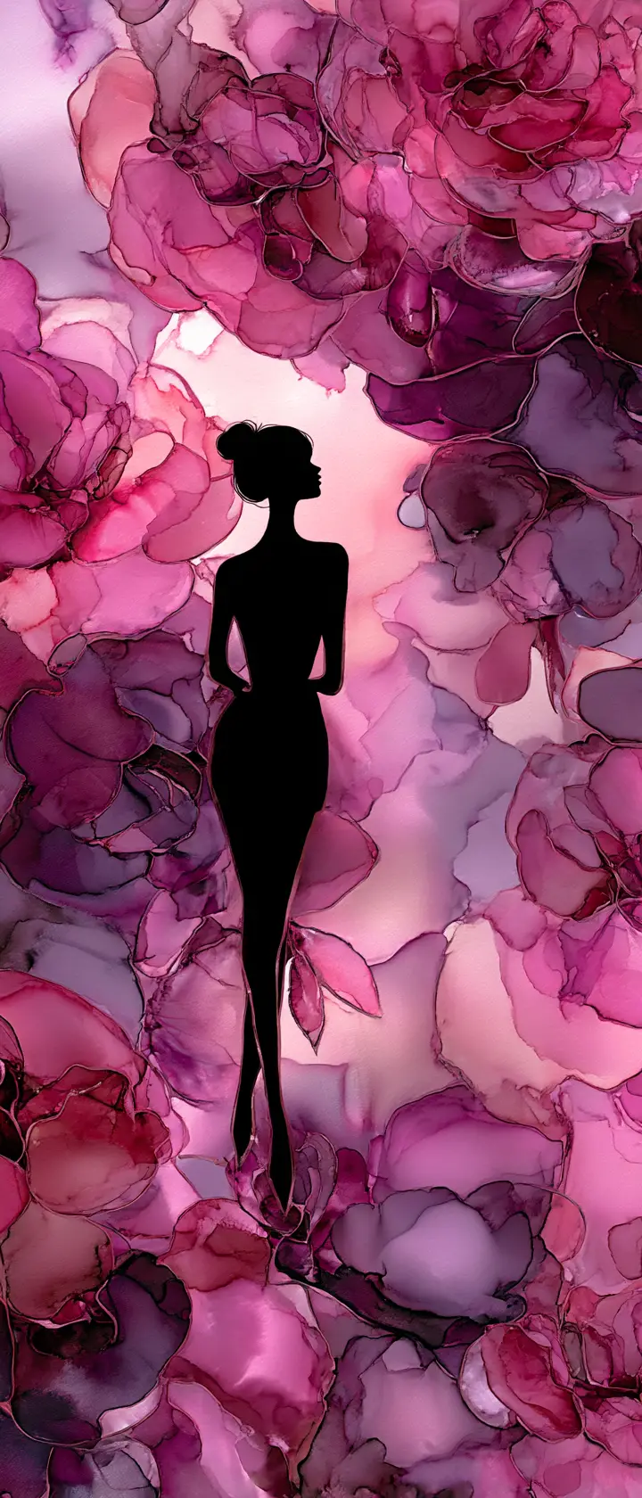 Anime woman walking through a surreal ink rose garden