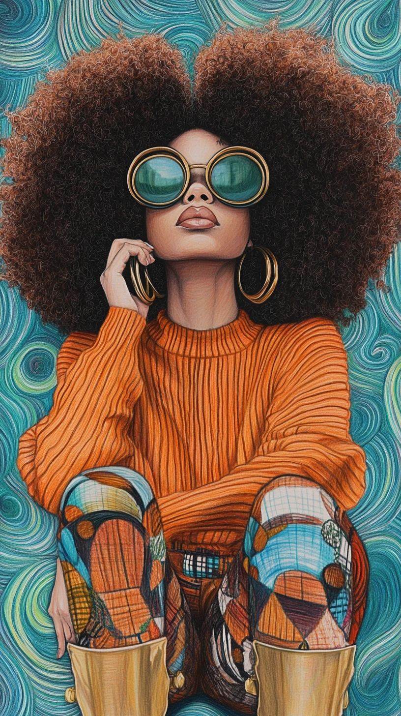 Black woman with afro squatting in colorful patchwork outfit
