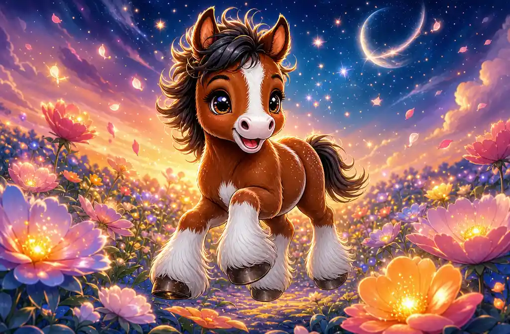 Cute cartoon foal trotting through glowing flower field