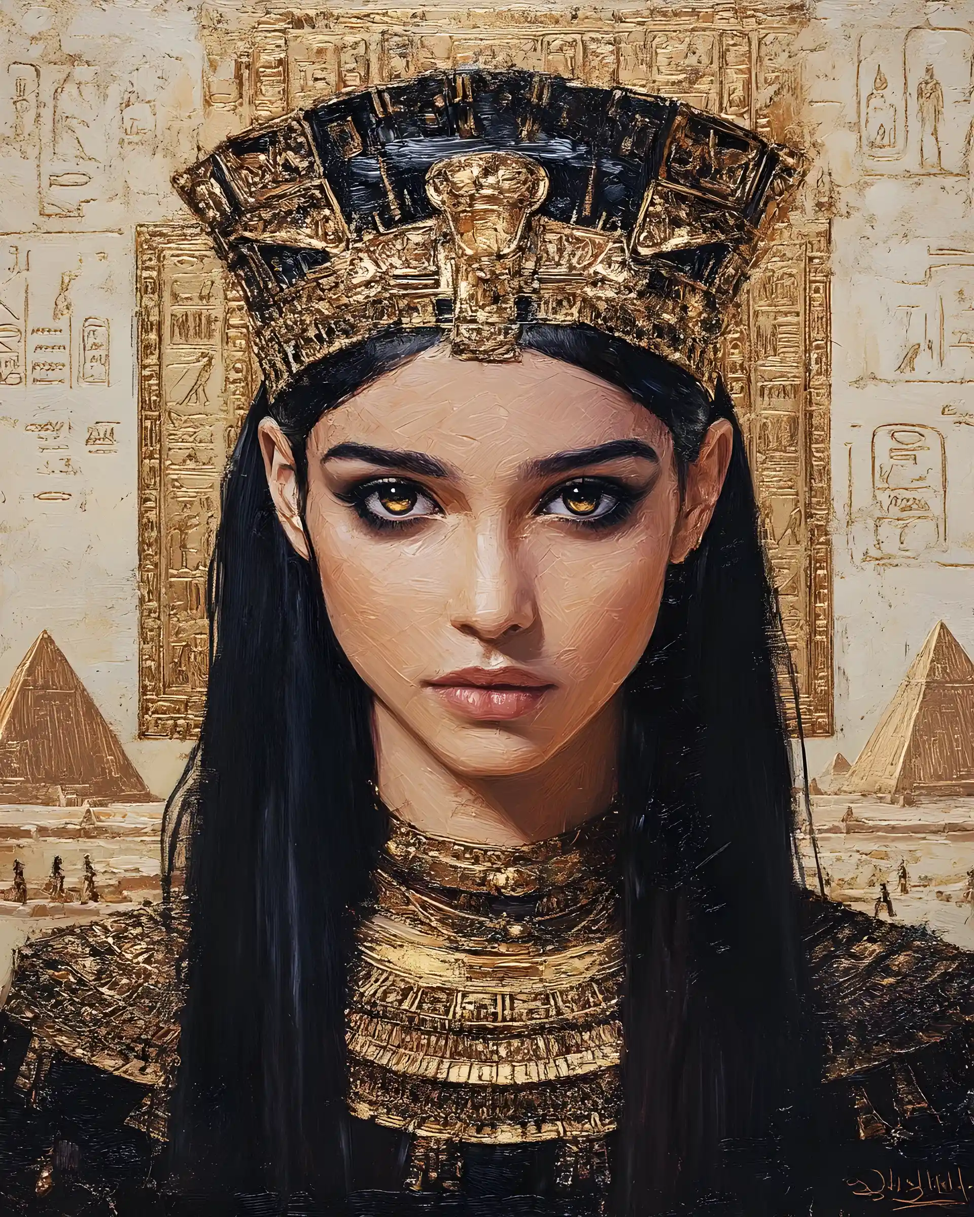 Colossal Cleopatra figure rising as a desert temple