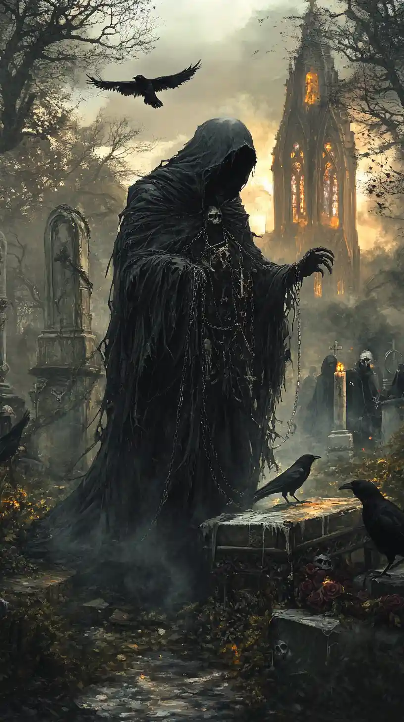 Grim reaper in a gothic graveyard with mourning woman