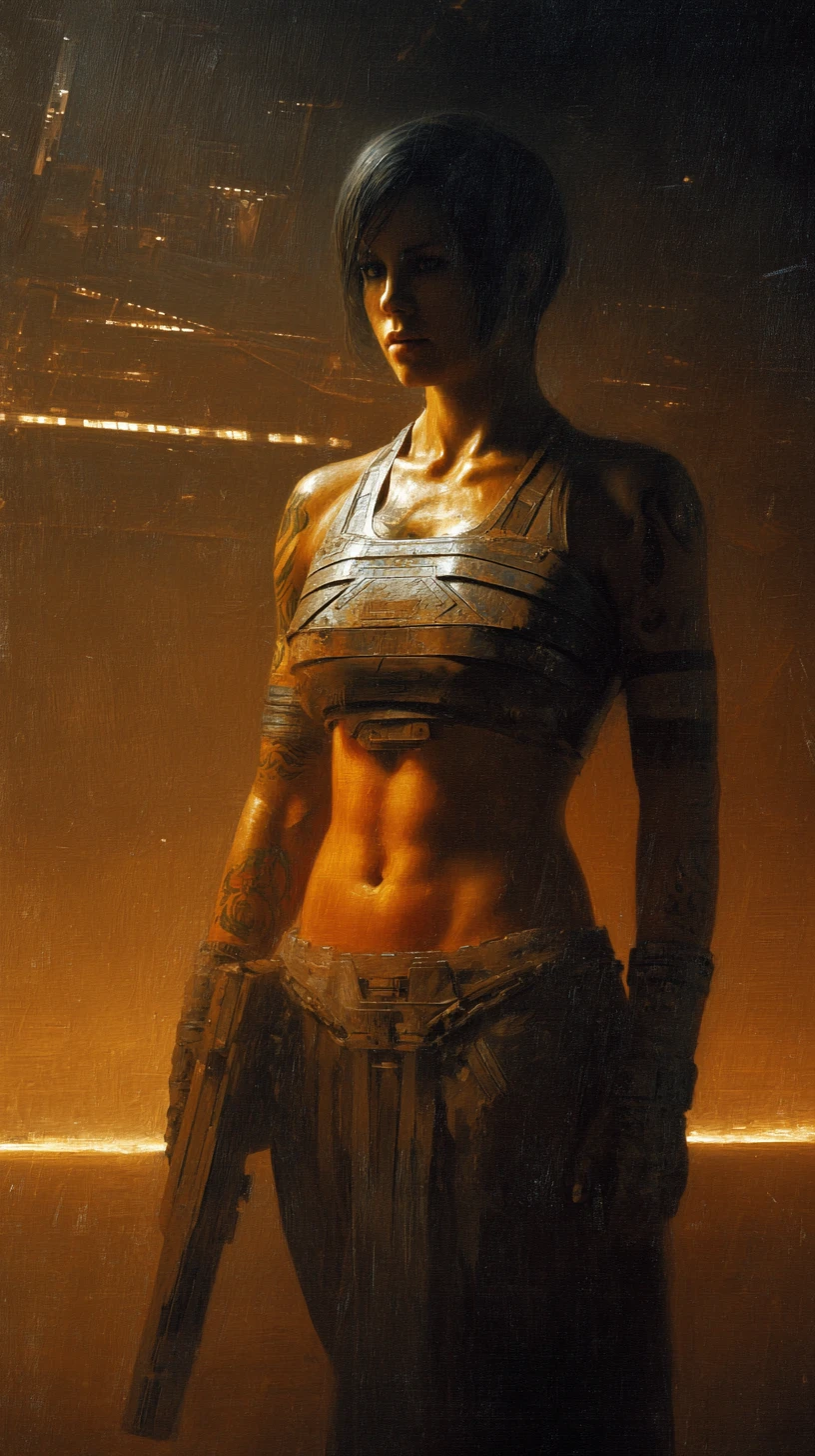 Muscular warrior woman in tattered golden armor at dusk