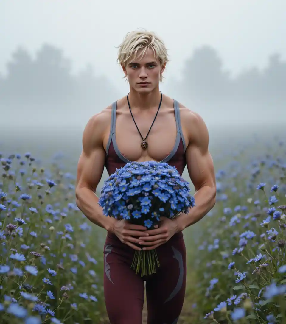 Barefoot young man walking through a summer meadow