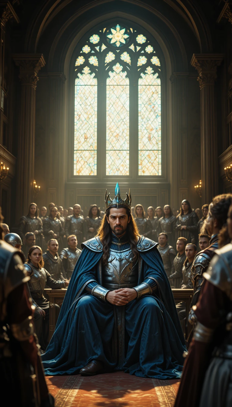 Majestic elven king presiding in a grand throne room