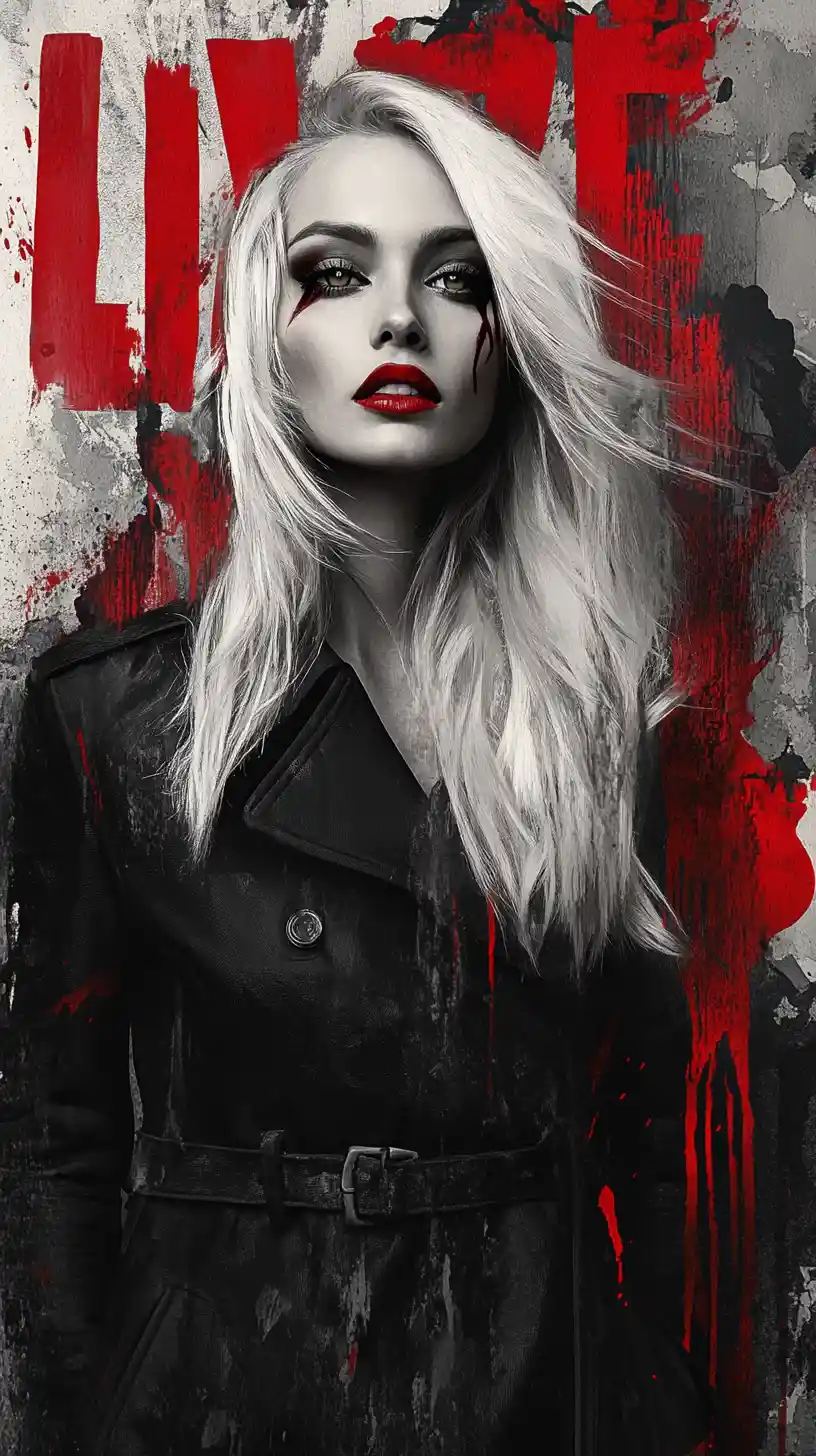 Fierce blonde woman portrait with red and grunge graffiti
