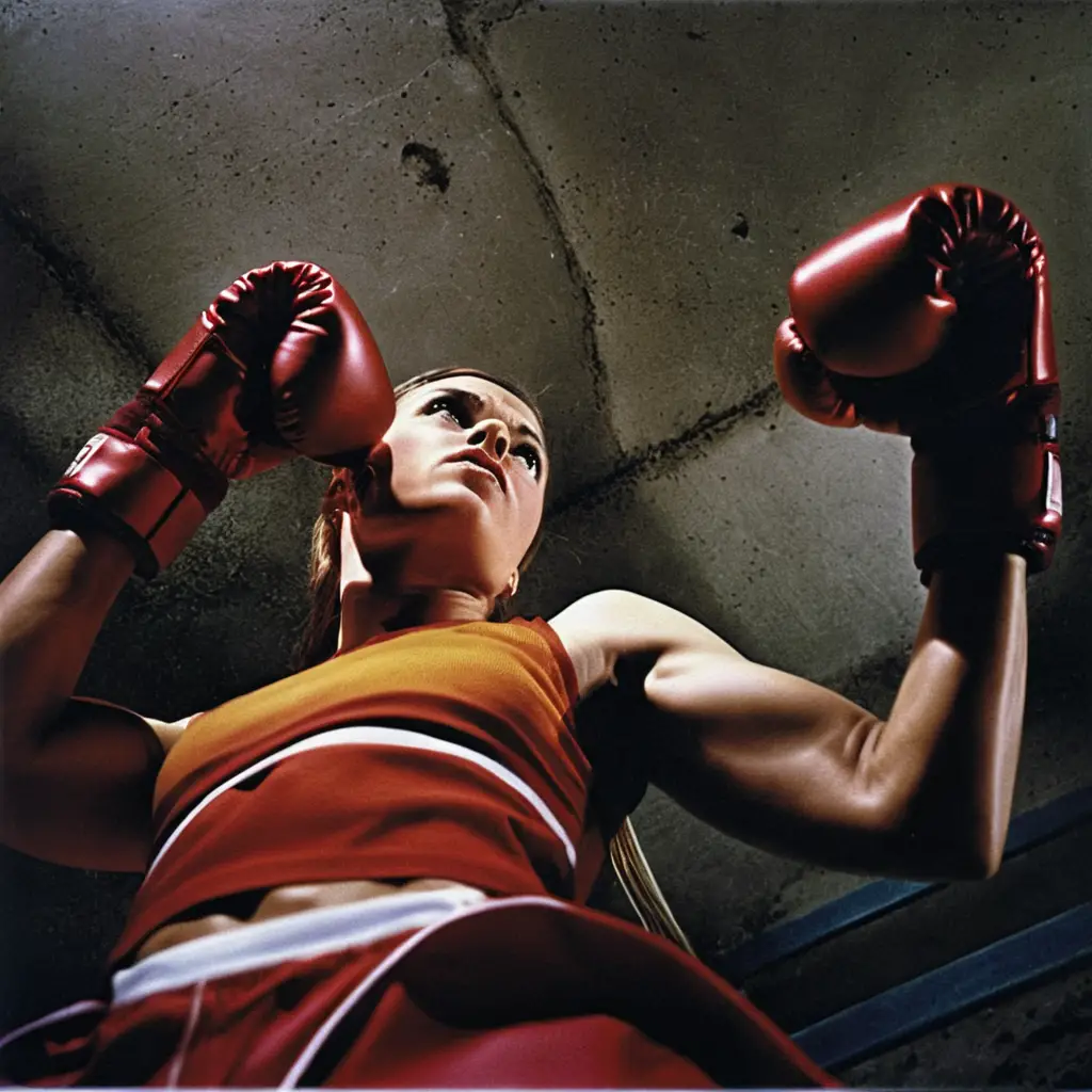 Female boxer in worms eye view under harsh spotlight