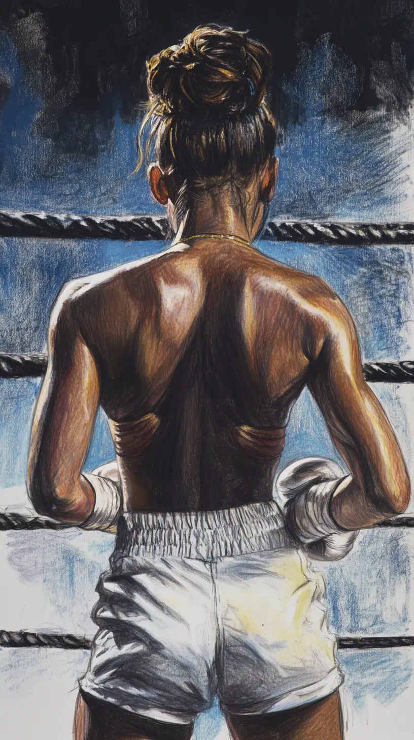 Athletic female boxer resting on the ropes under warm light