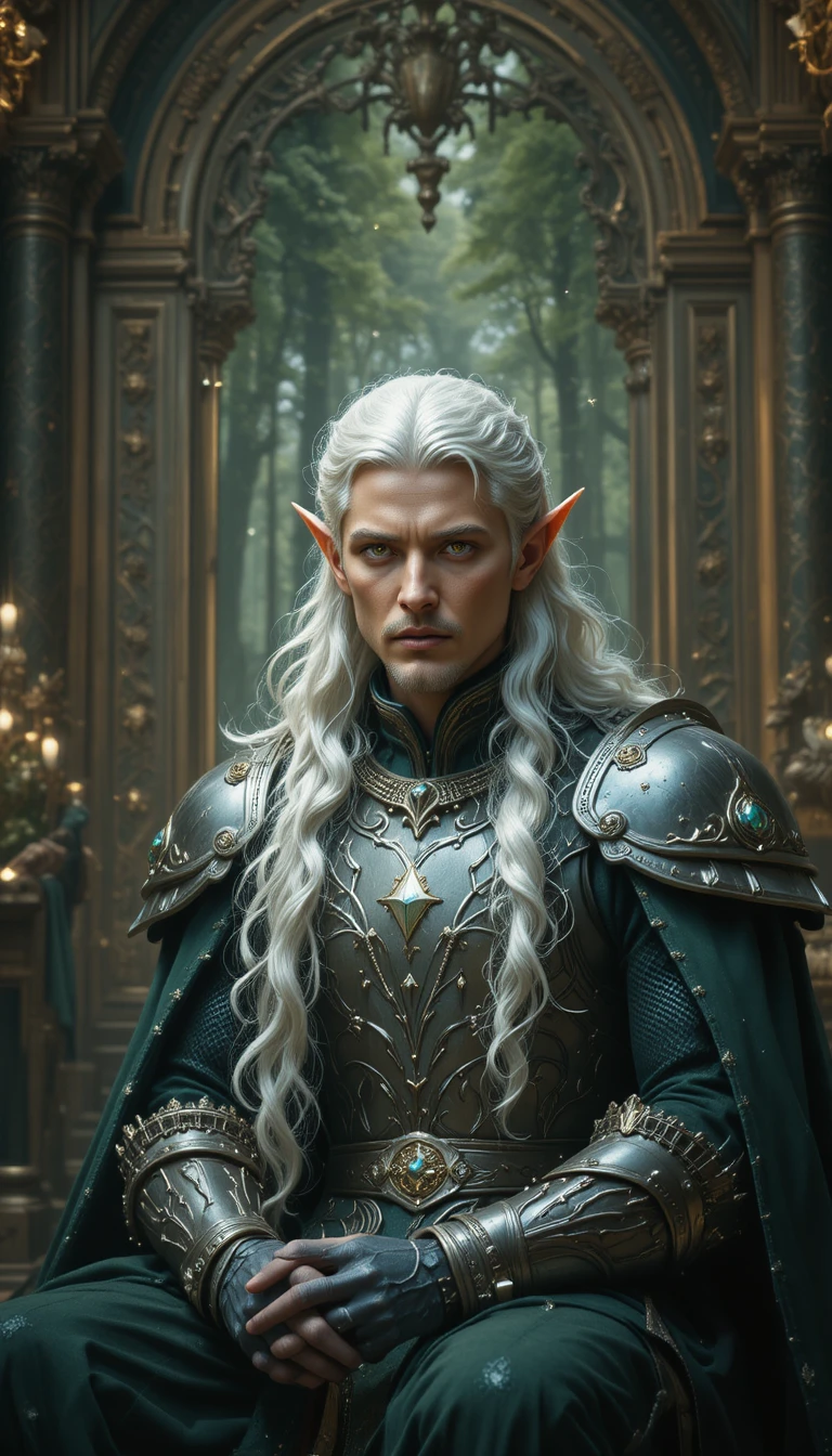 Close up of a regal forest elf king in armor