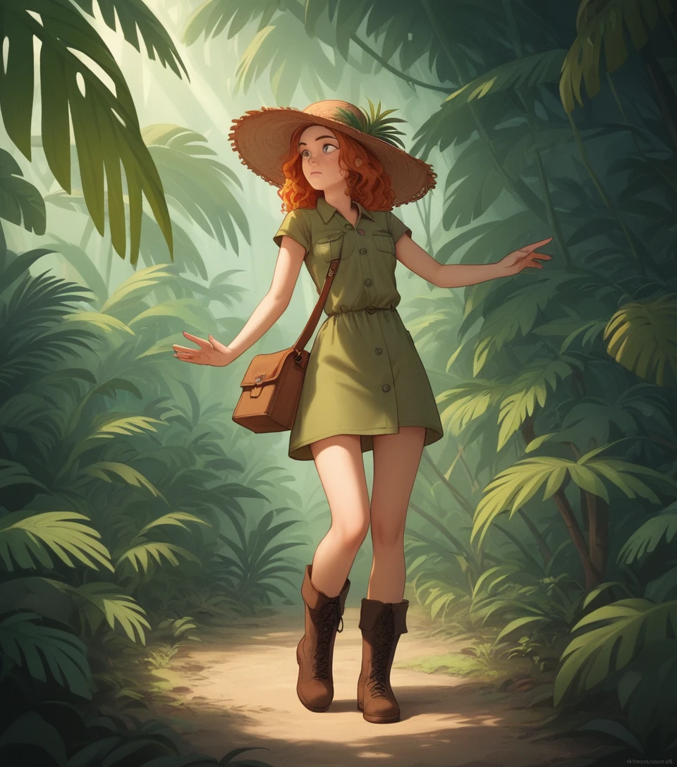 Curious teenage girl in a floral dress exploring jungle path