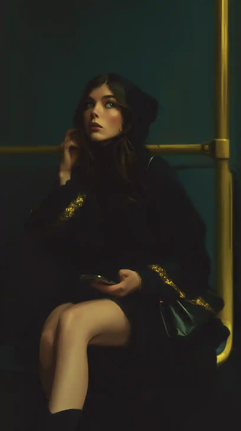 Woman on morning bus with sunlight and cinematic portrait