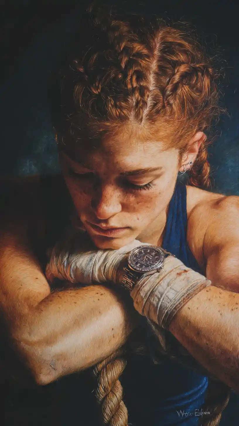 Exhausted woman boxer resting on hemp ring ropes