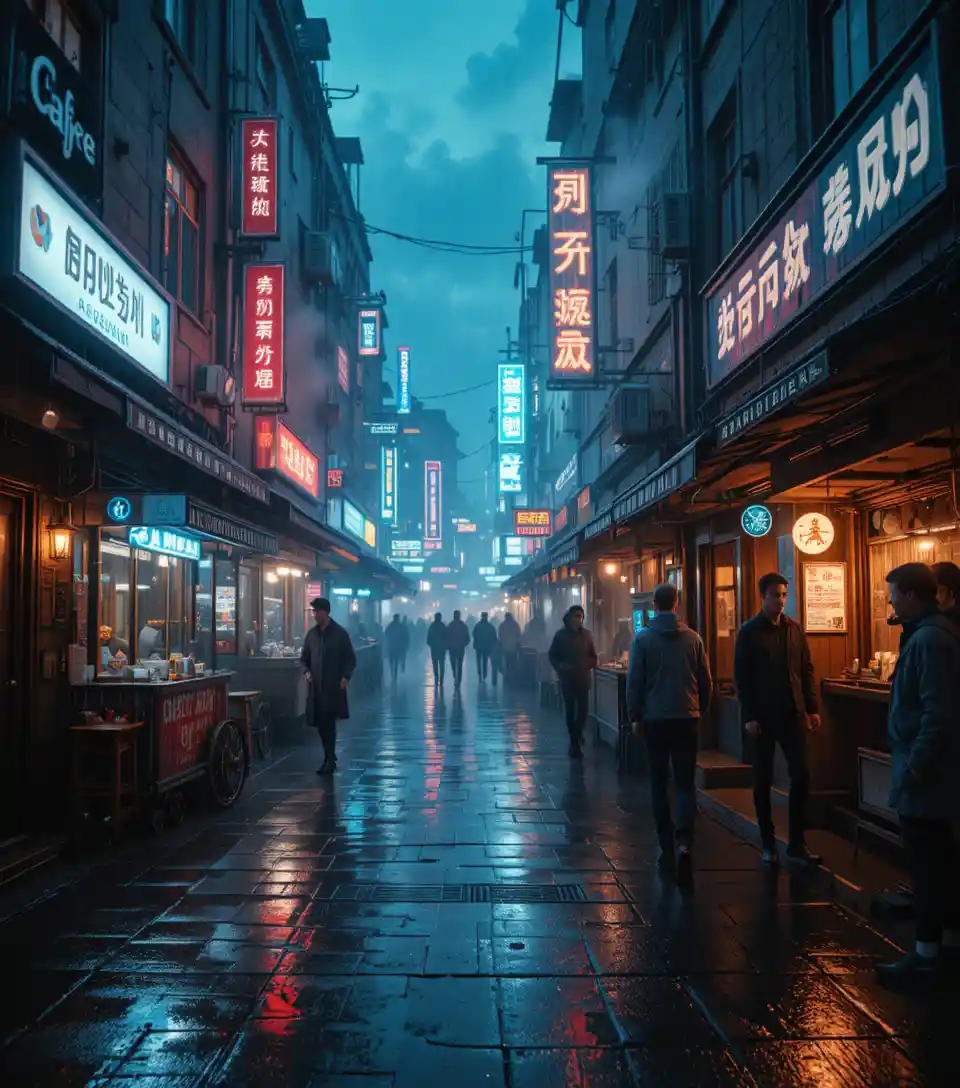 Cyberpunk alley cafe glowing with neon at midnight