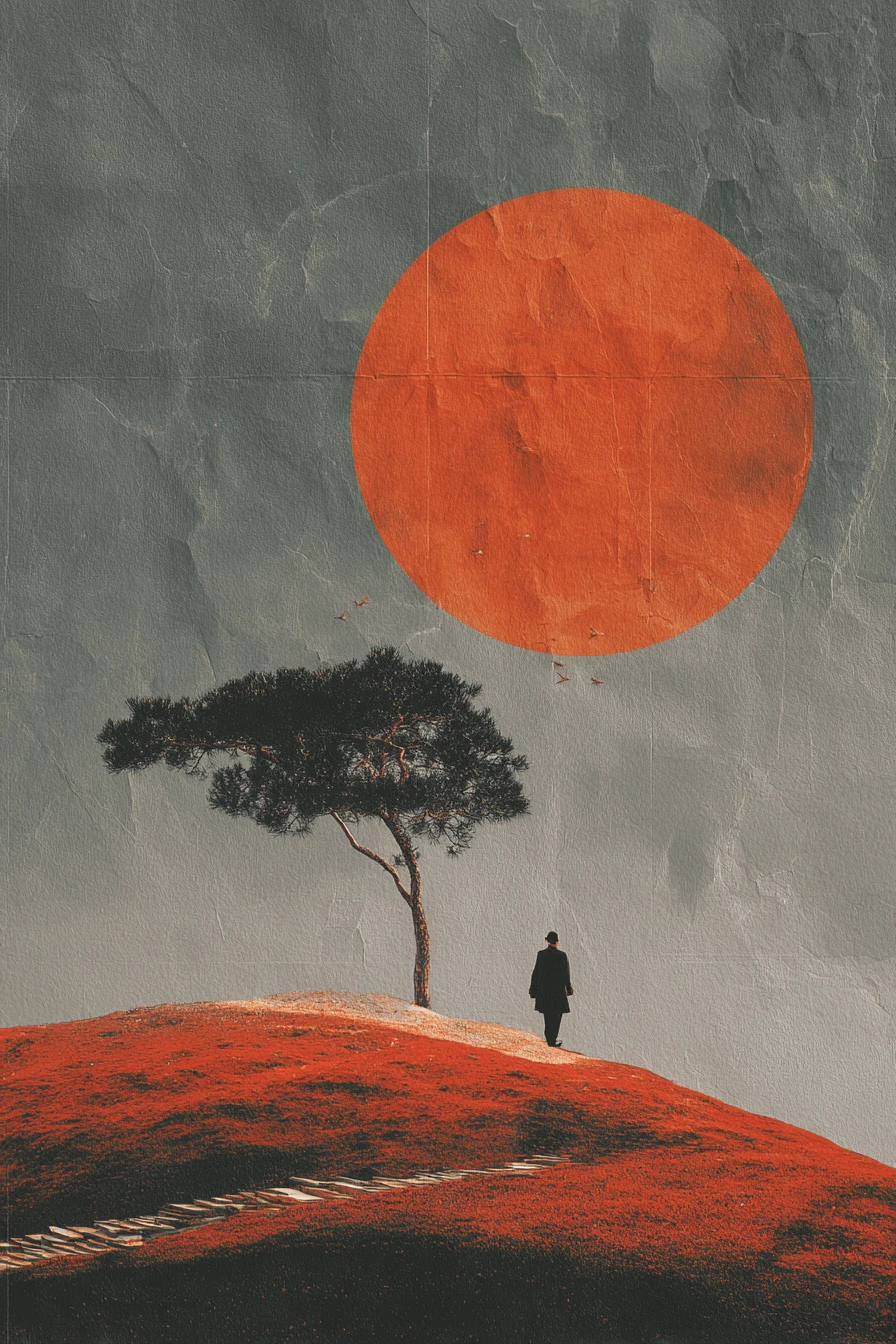 Moody surreal collage in red with minimalist abstract forms