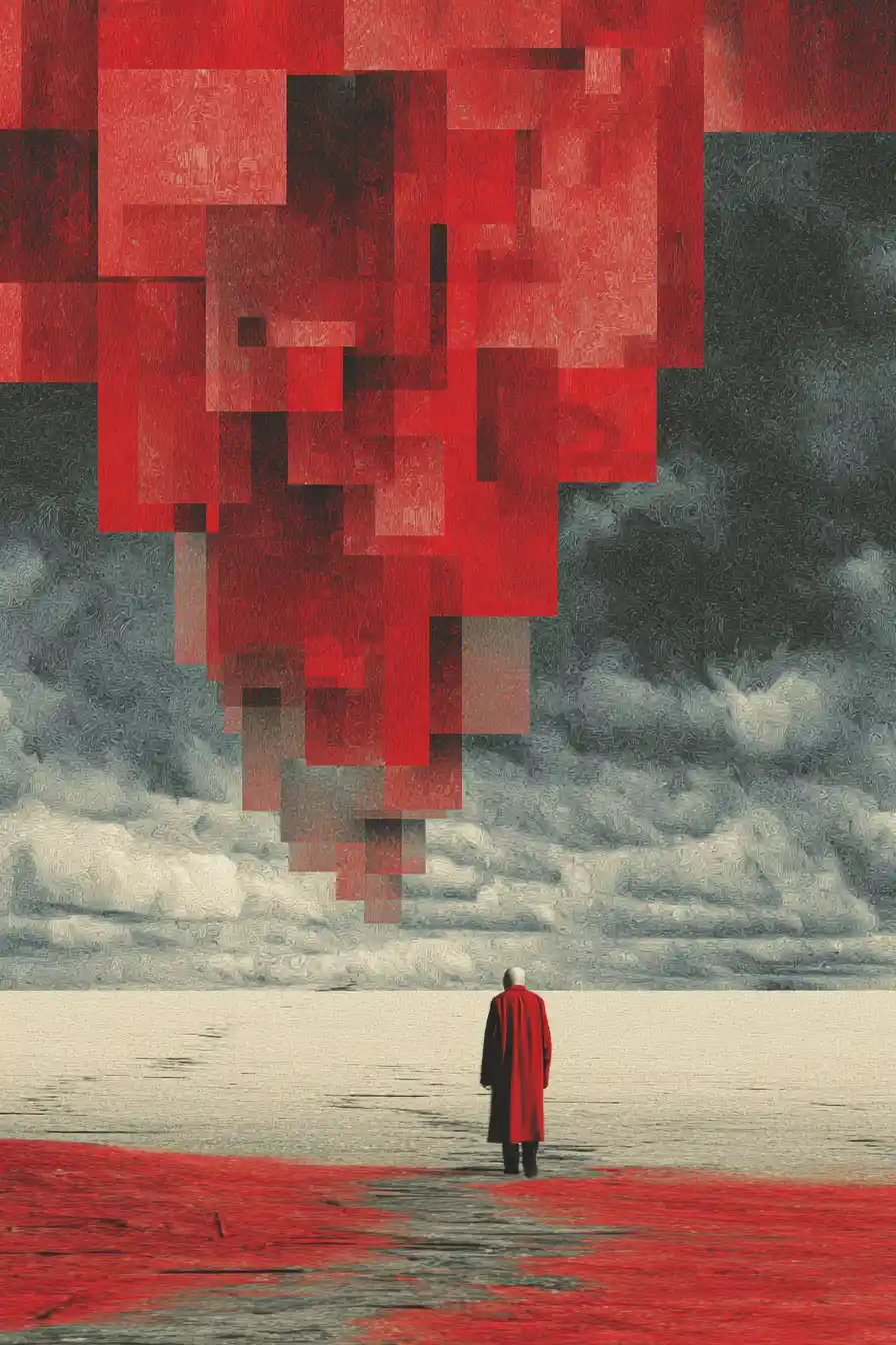 Surreal woman dissolving in red glitch and soft grain