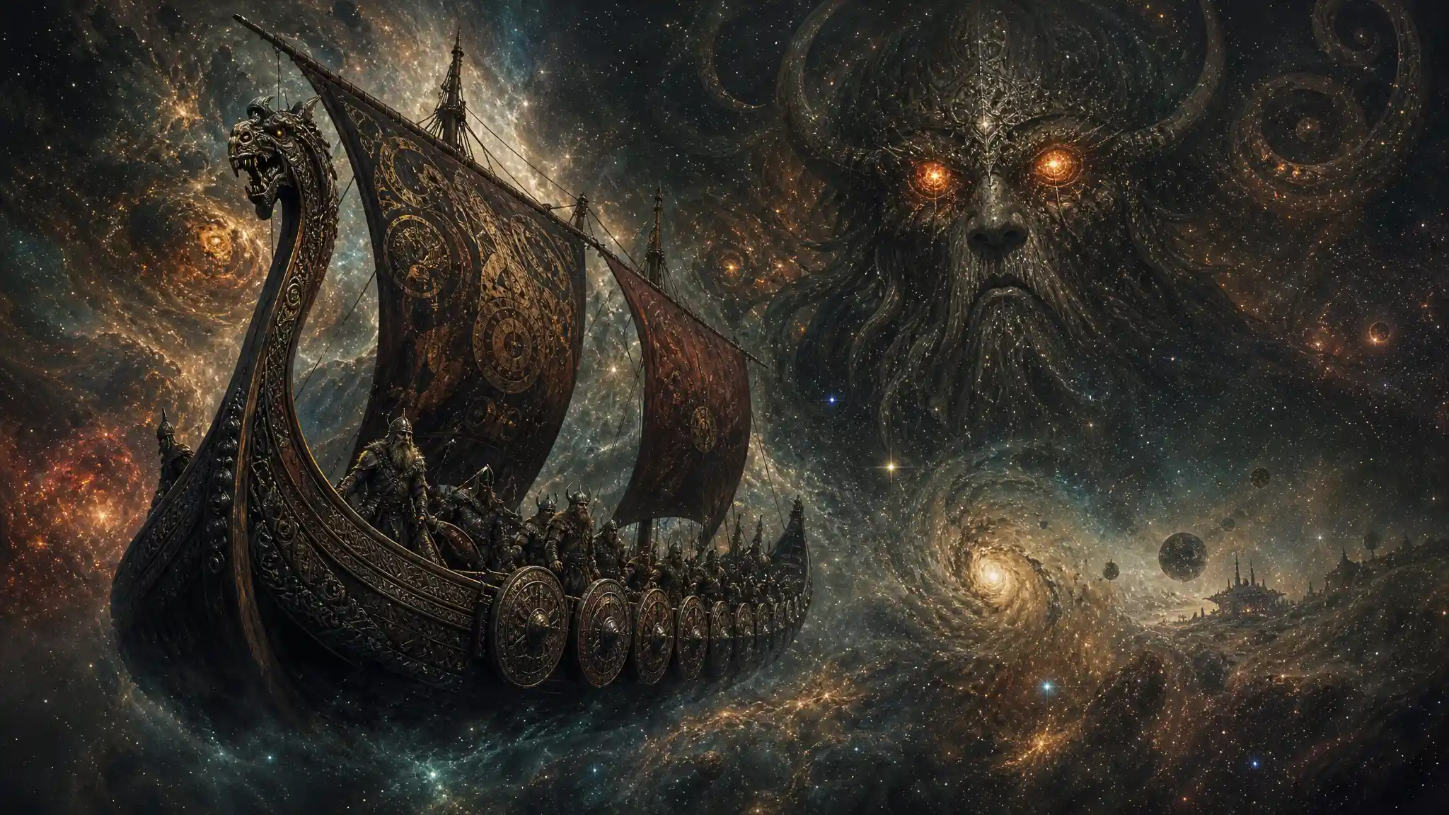 Viking longship sailing through a glowing cosmic nebula
