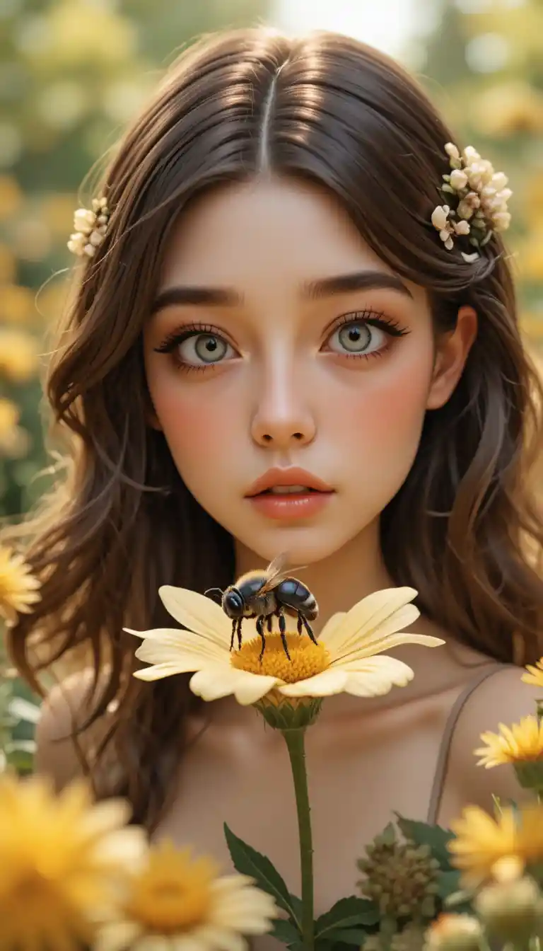 Watercolor close up of a woman watching a bee on a leaf