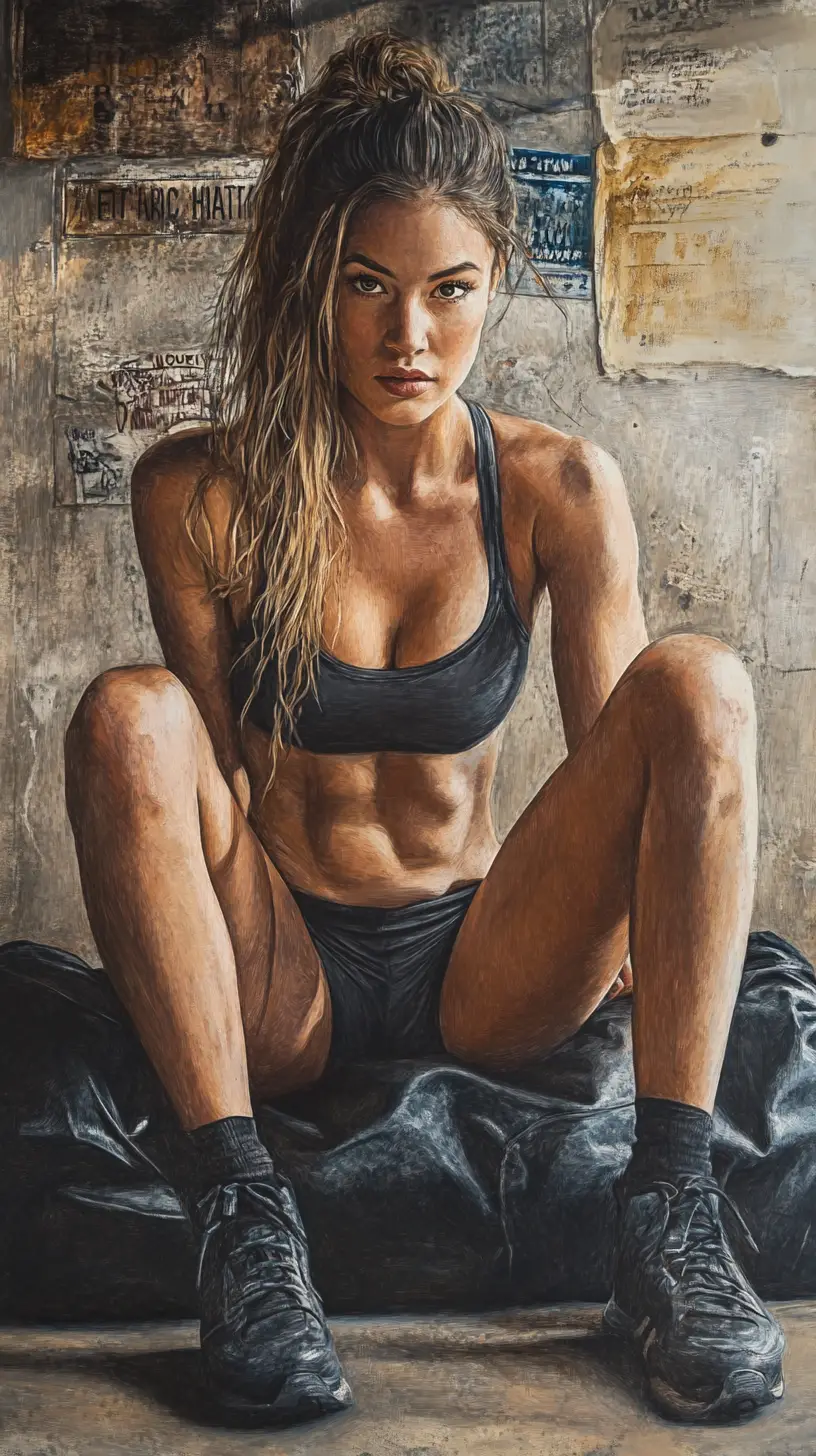 Exhausted boxer woman resting on a concrete gym floor