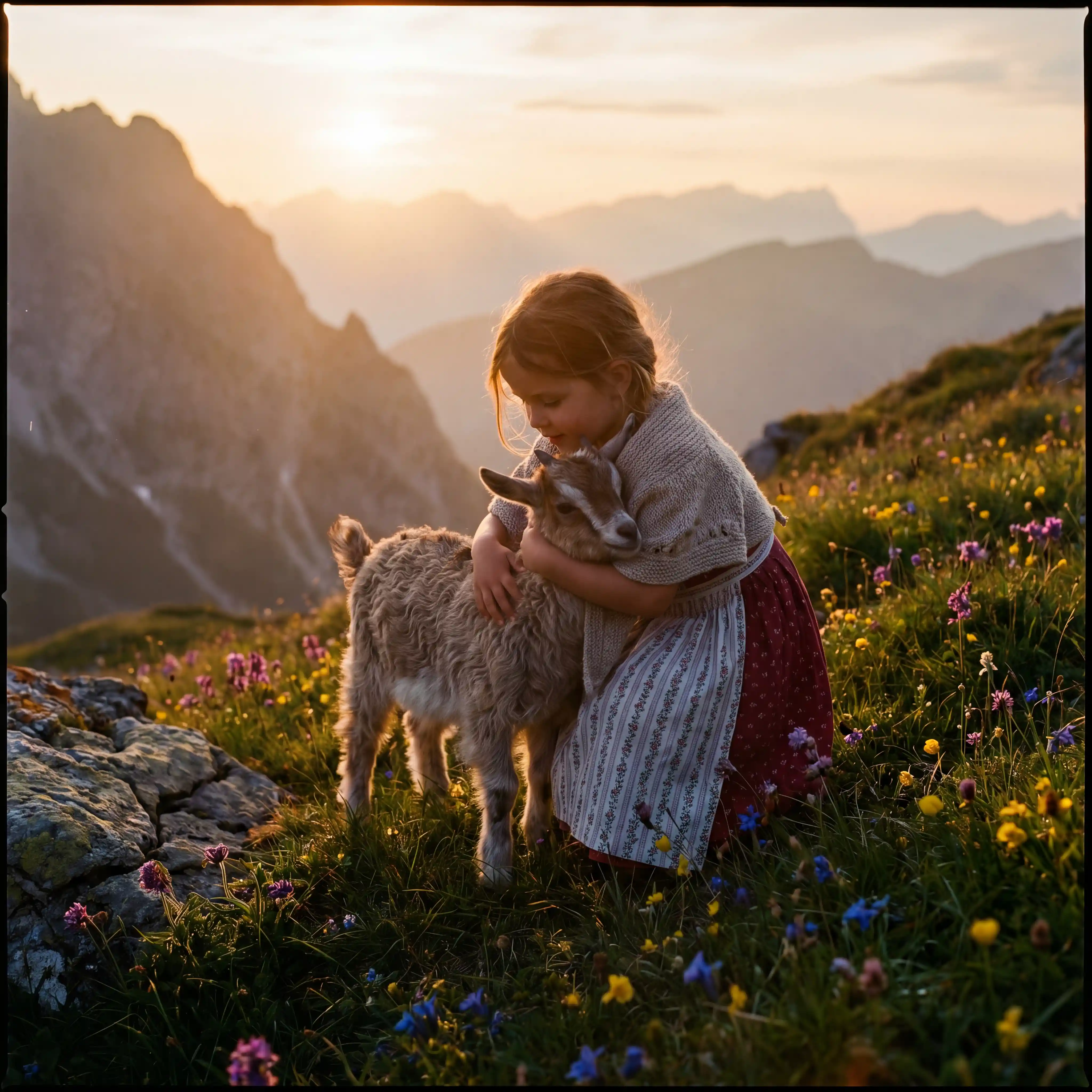 Little girl hugging a goat on a sunny alpine hill