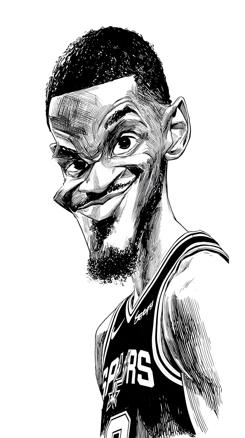 Caricature ink illustration of a basketball player in black and white
