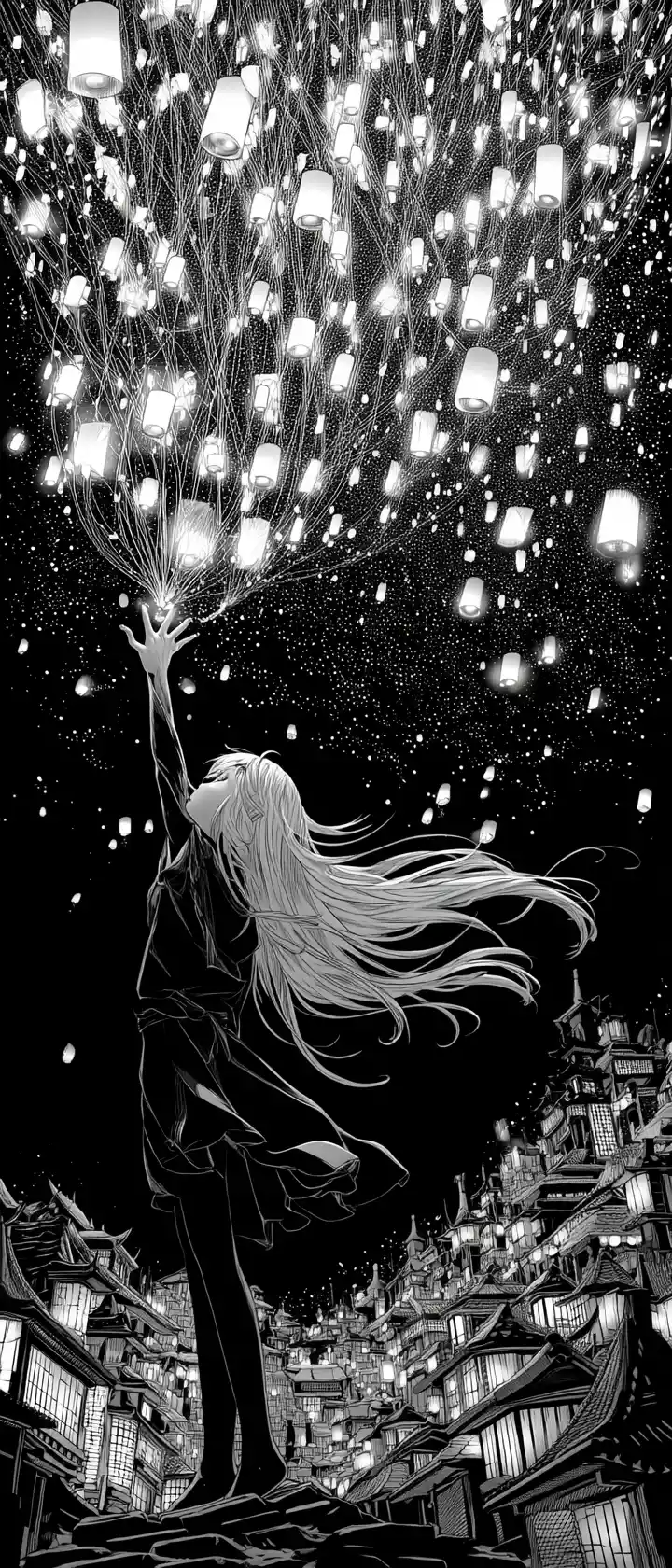 Anime girl weaving a glowing city in endless darkness