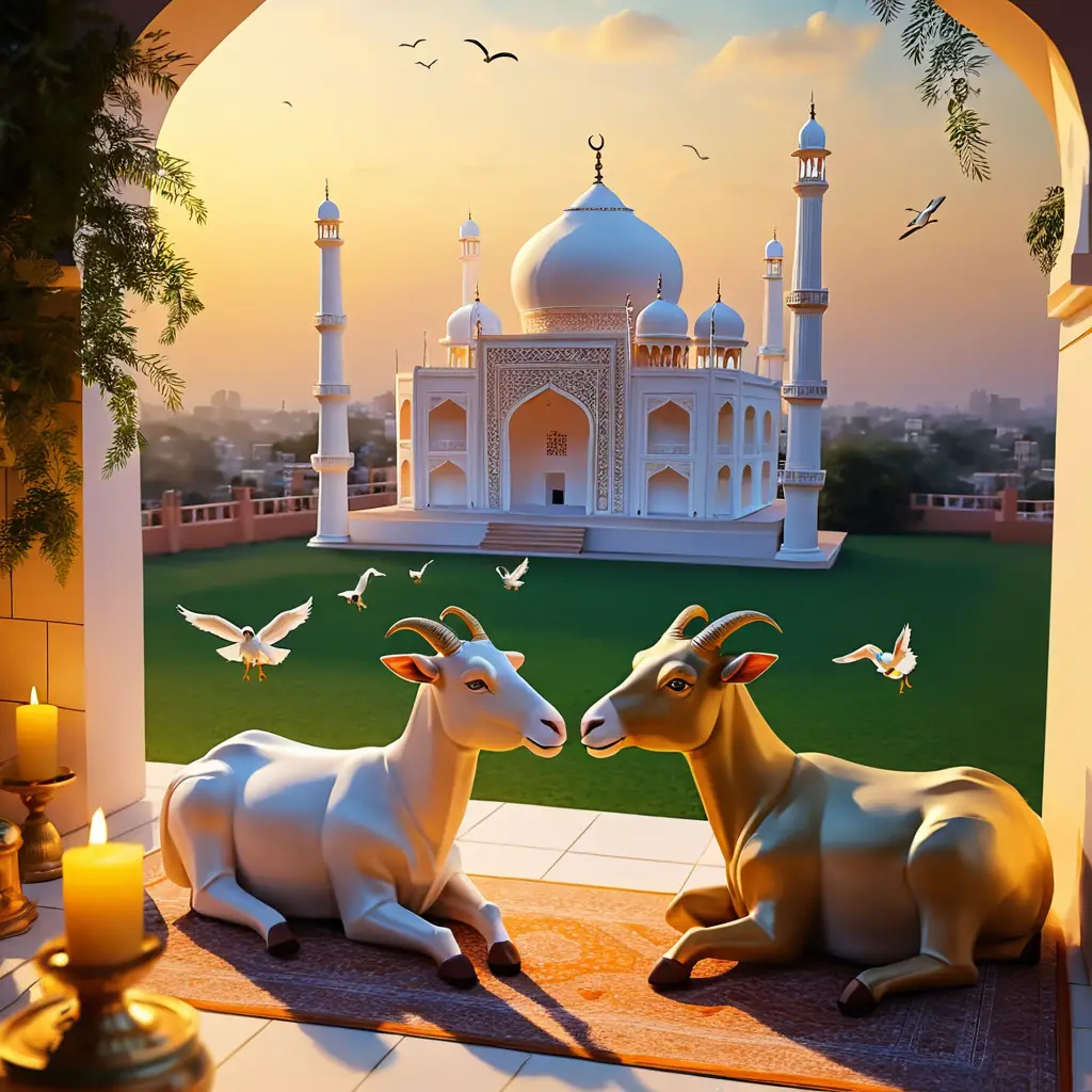 Children with farm animals in a bright Eid street