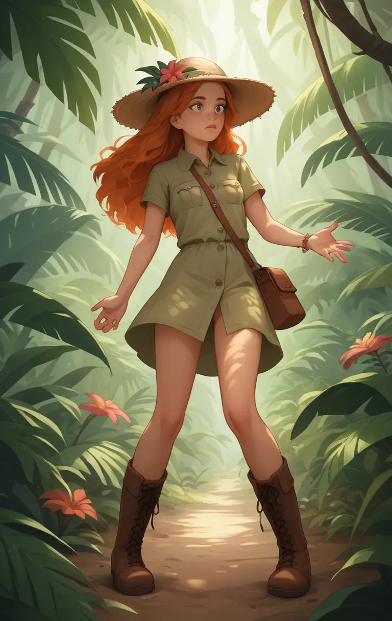 Curious teenage girl walking through dense tropical jungle
