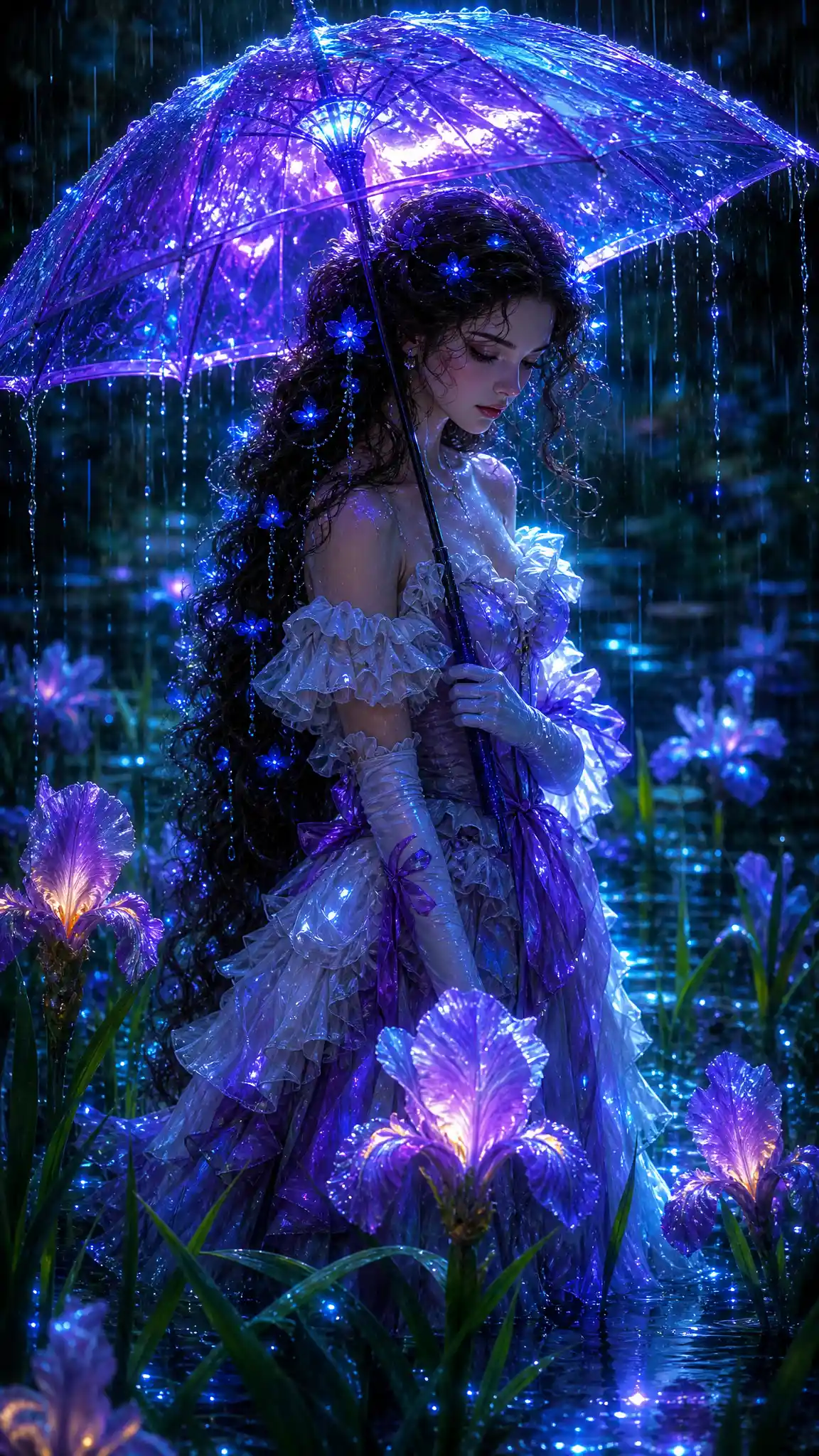 Girl with glowing umbrella in luminous iris field